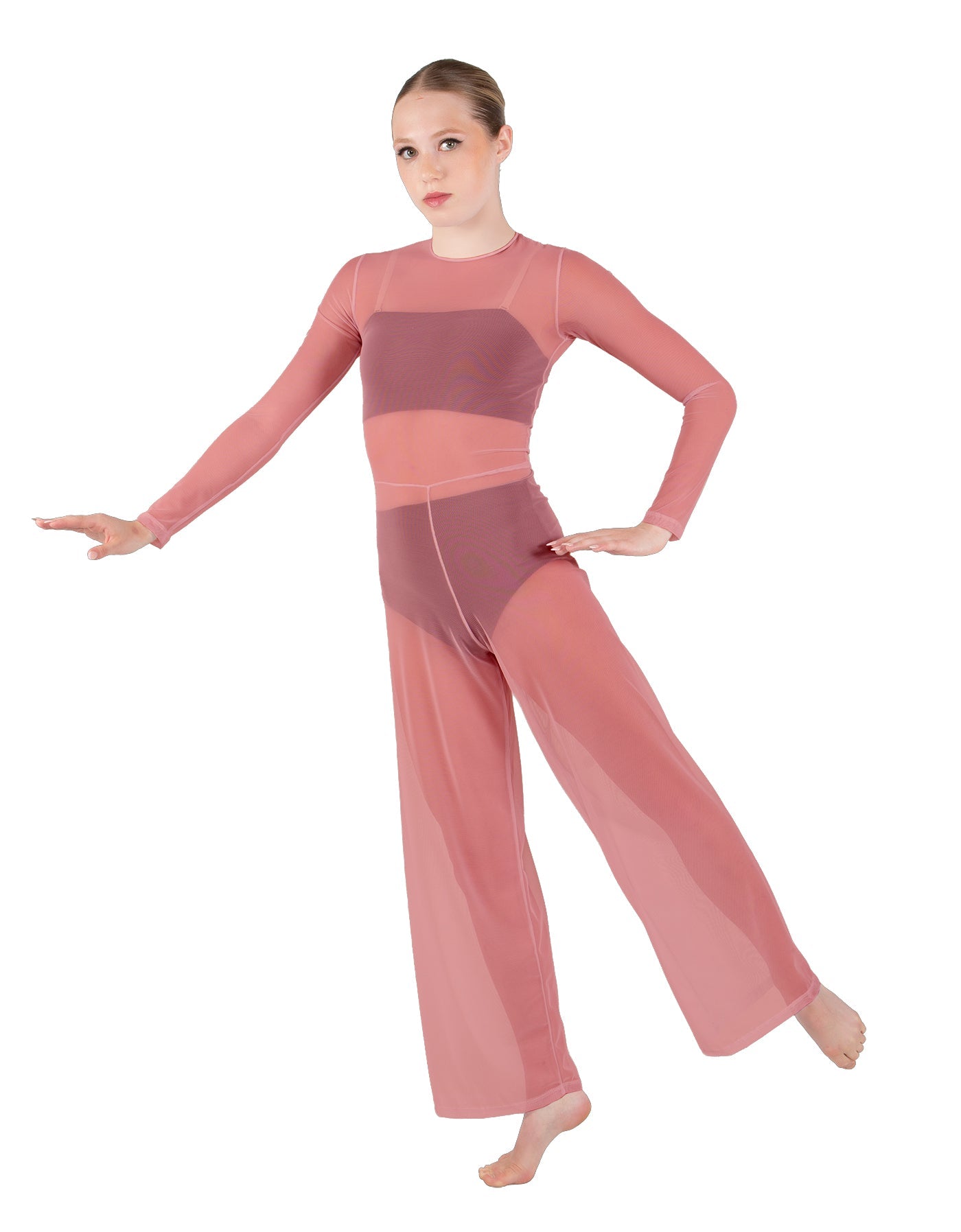 Solid Lycra LS Keyhole Wide Leg Mesh Unitard with Bandeau and Panty