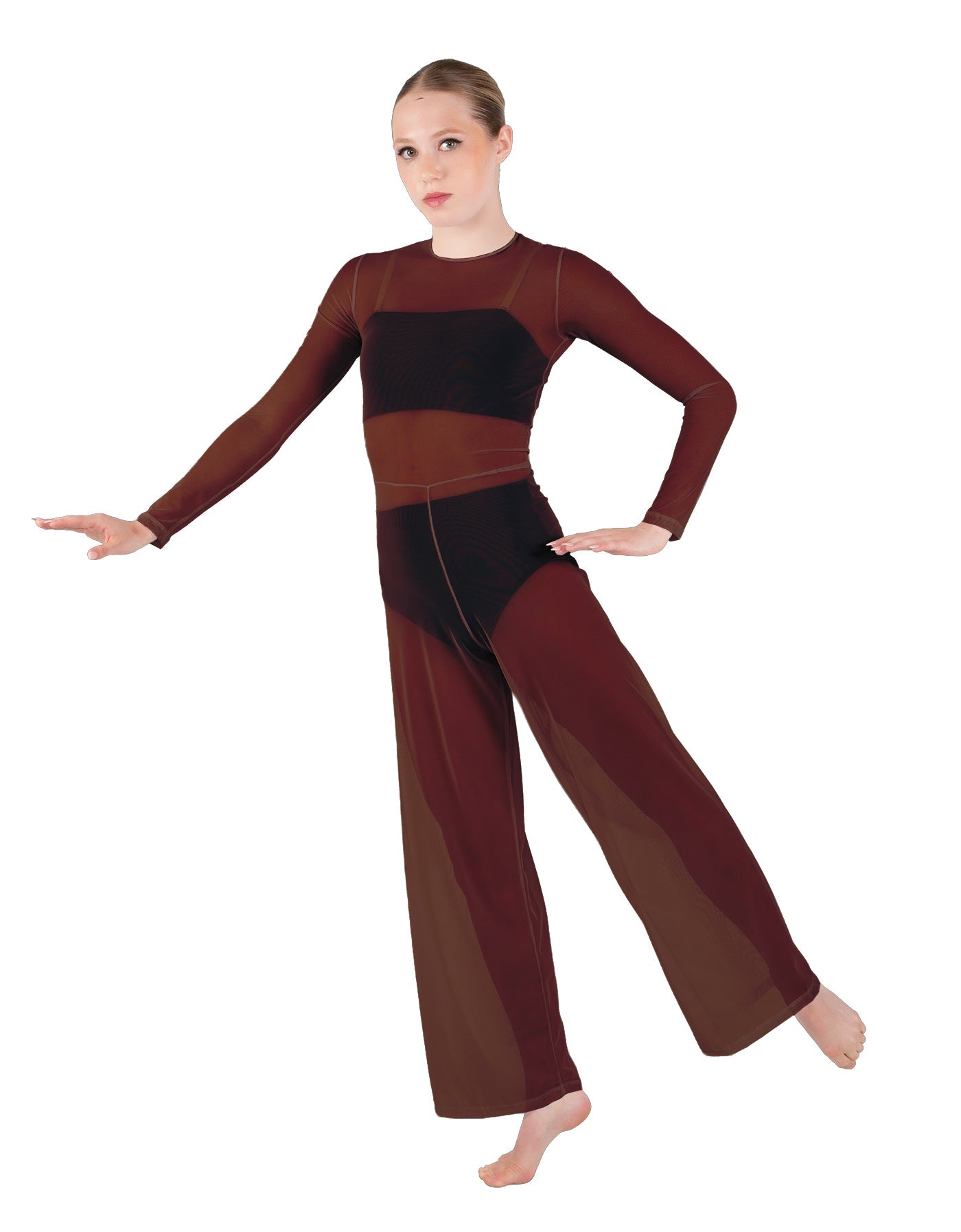 Solid Lycra LS Keyhole Wide Leg Mesh Unitard with Bandeau and Panty