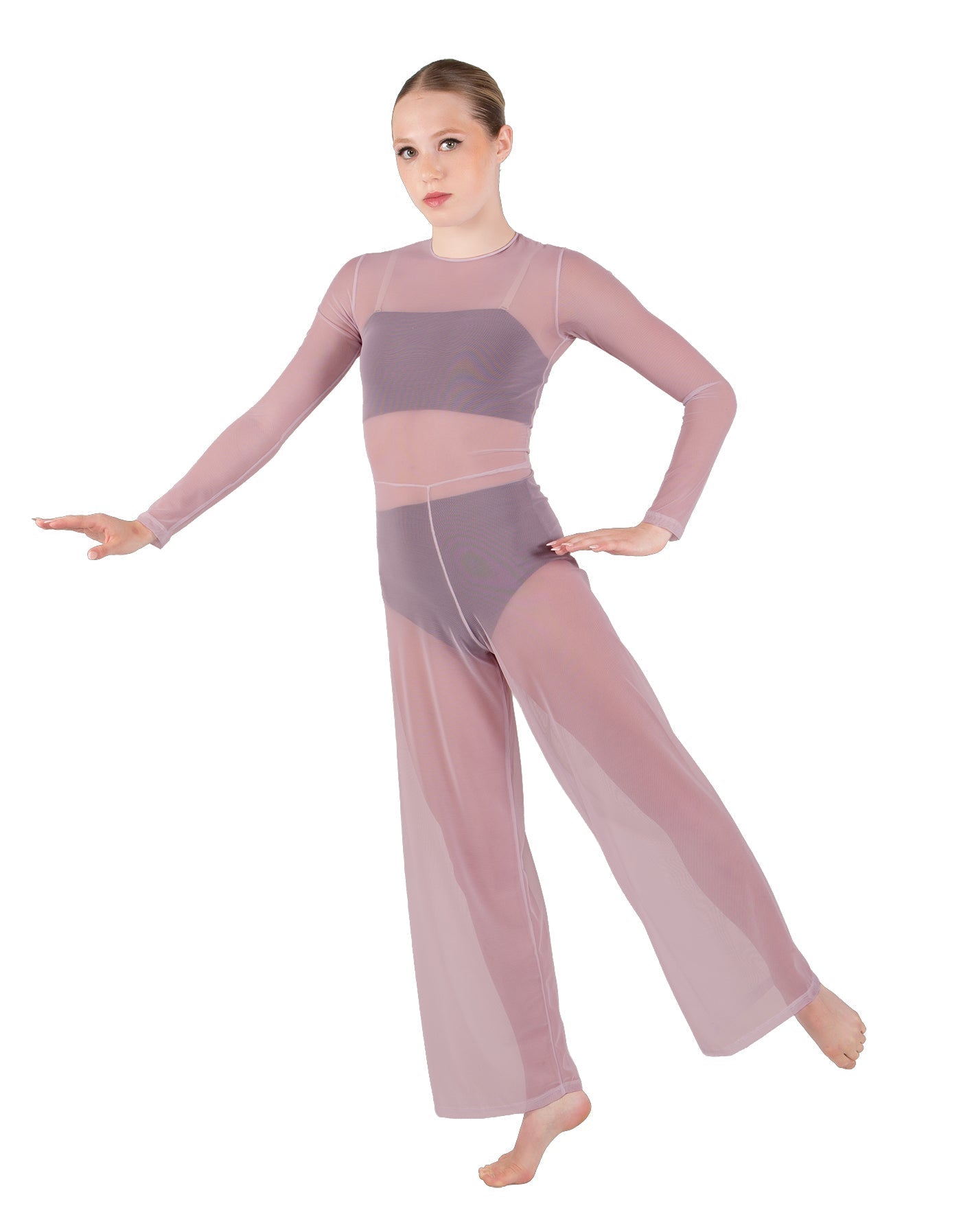 Solid Lycra LS Keyhole Wide Leg Mesh Unitard with Bandeau and Panty