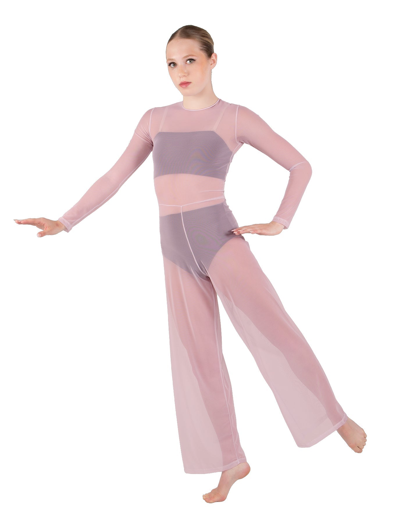 Solid Lycra LS Keyhole Wide Leg Mesh Unitard with Bandeau and Panty