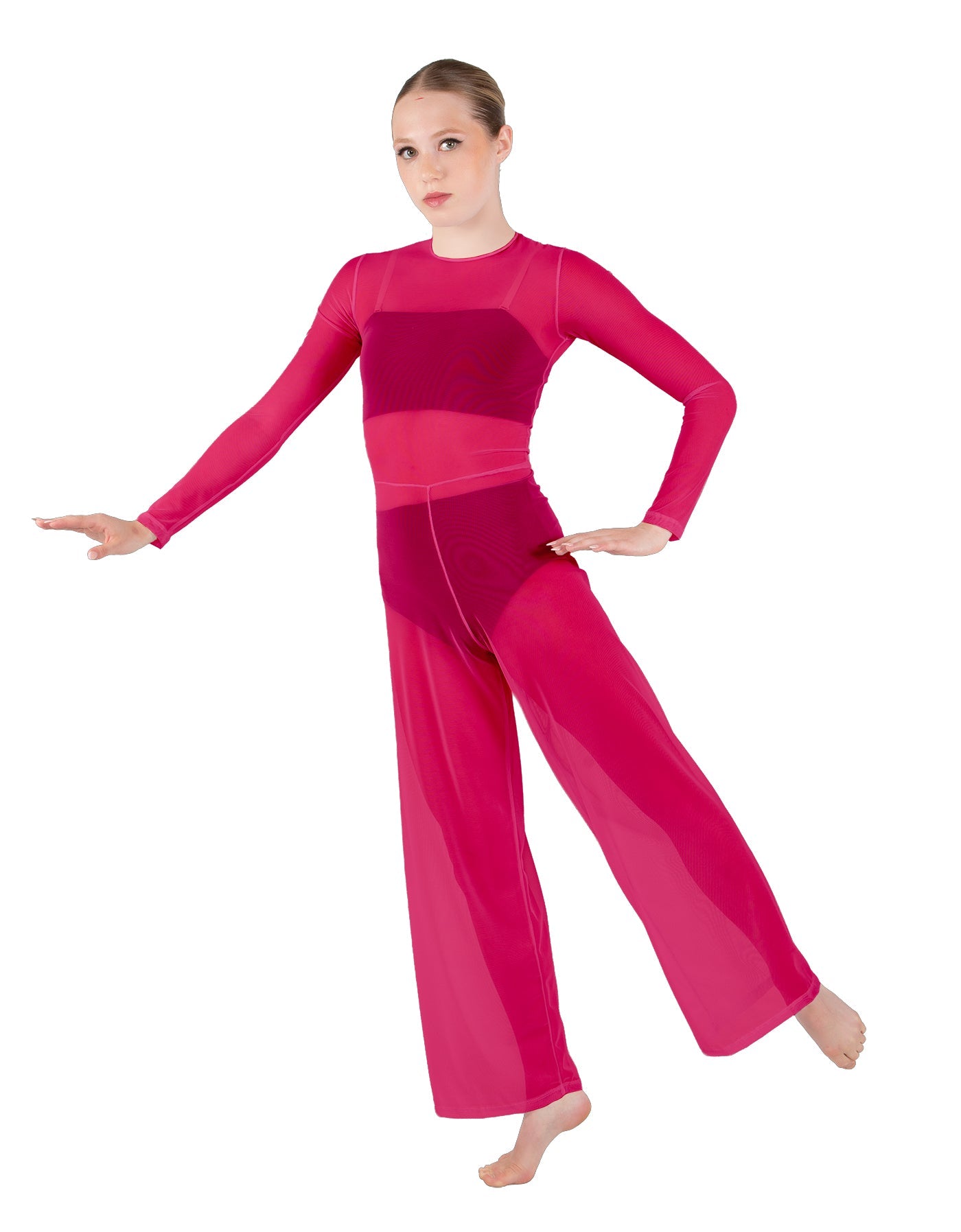 Solid Lycra LS Keyhole Wide Leg Mesh Unitard with Bandeau and Panty