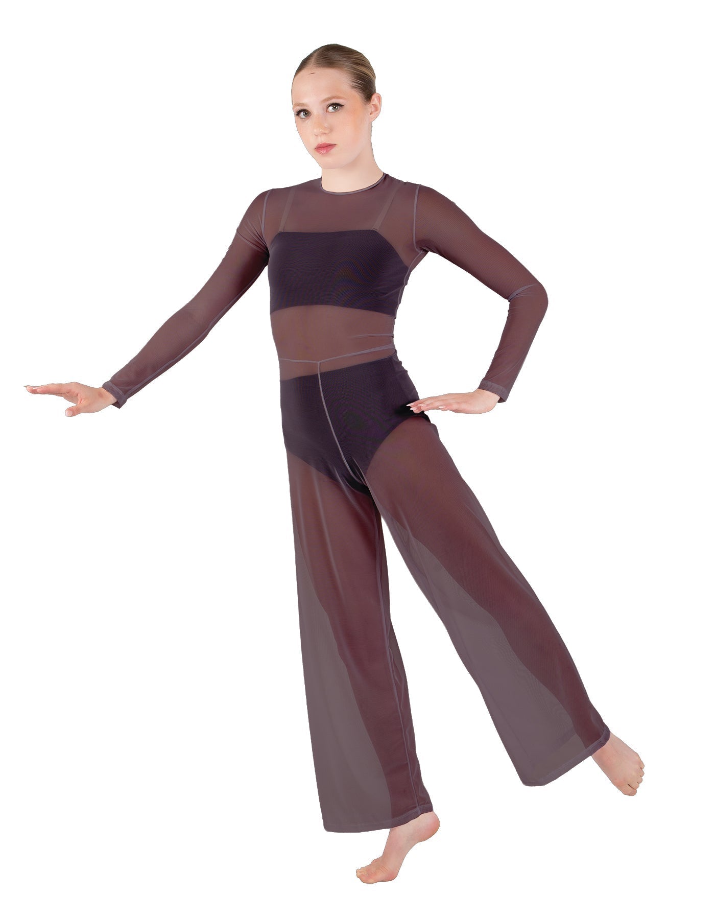 Solid Lycra LS Keyhole Wide Leg Mesh Unitard with Bandeau and Panty