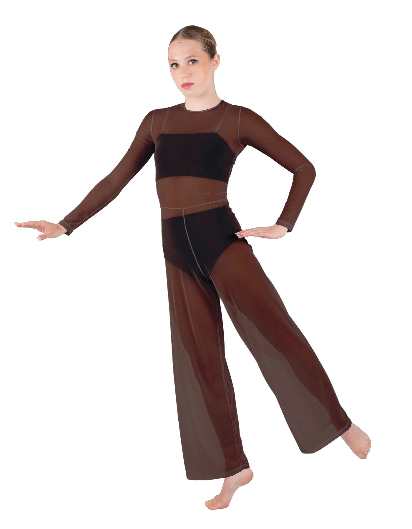 Solid Lycra LS Keyhole Wide Leg Mesh Unitard with Bandeau and Panty