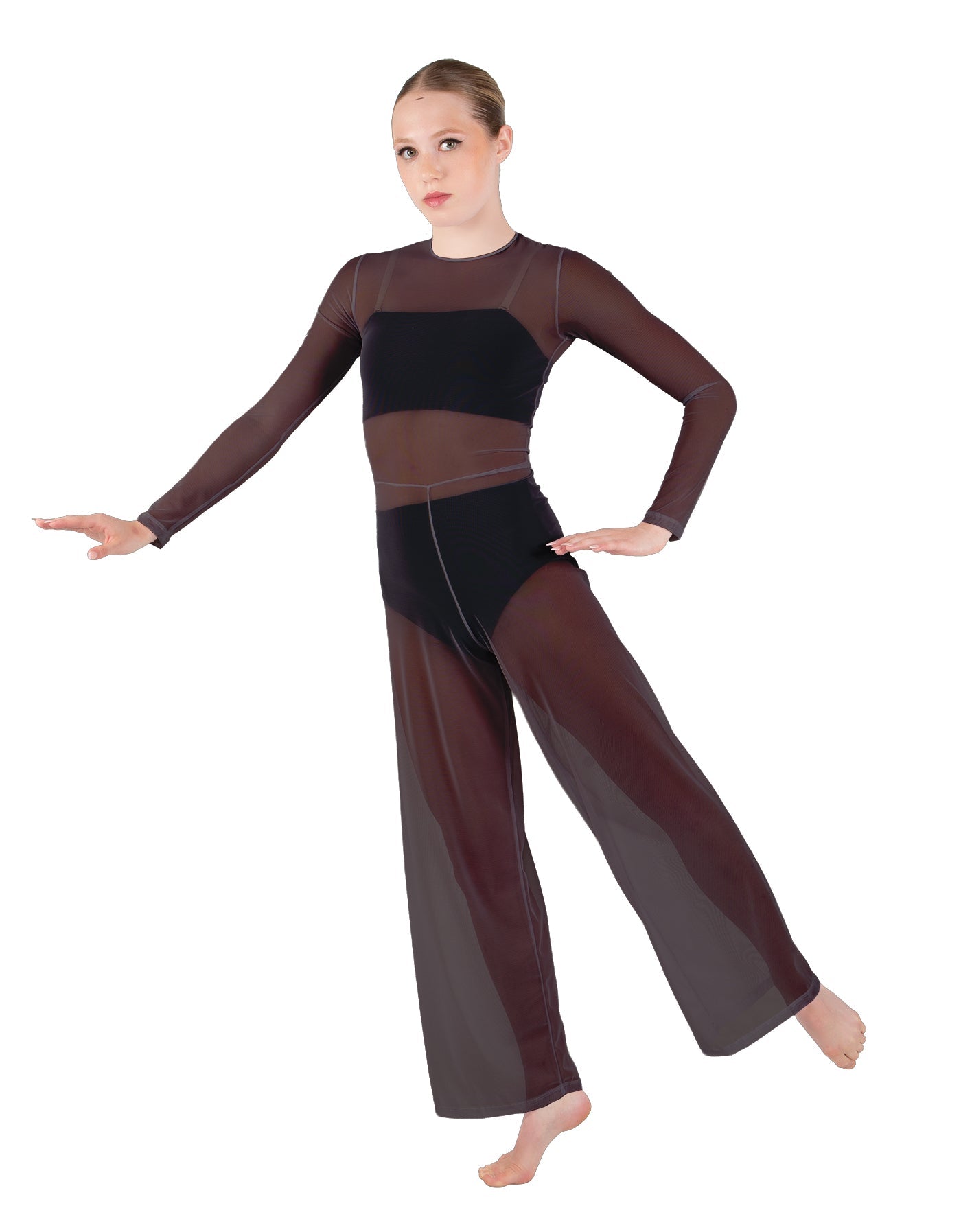 Solid Lycra LS Keyhole Wide Leg Mesh Unitard with Bandeau and Panty
