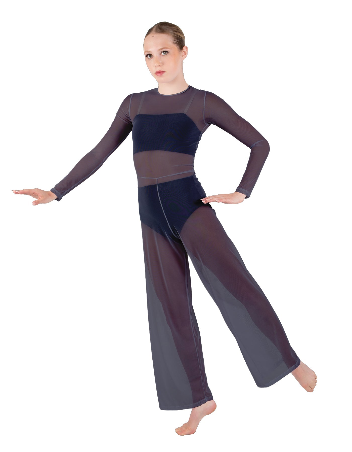Solid Lycra LS Keyhole Wide Leg Mesh Unitard with Bandeau and Panty