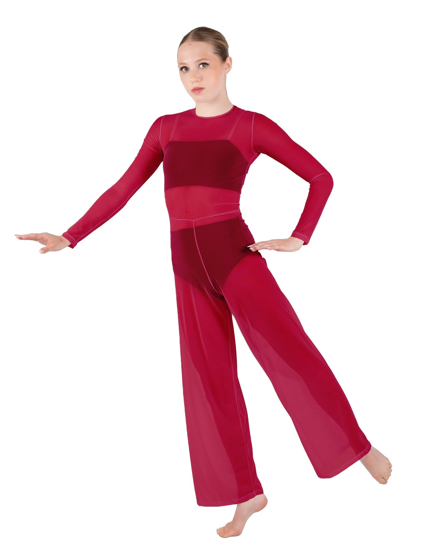Solid Lycra LS Keyhole Wide Leg Mesh Unitard with Bandeau and Panty