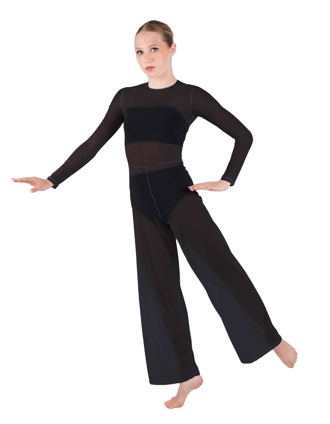 Solid Lycra LS Keyhole Wide Leg Mesh Unitard with Bandeau and Panty