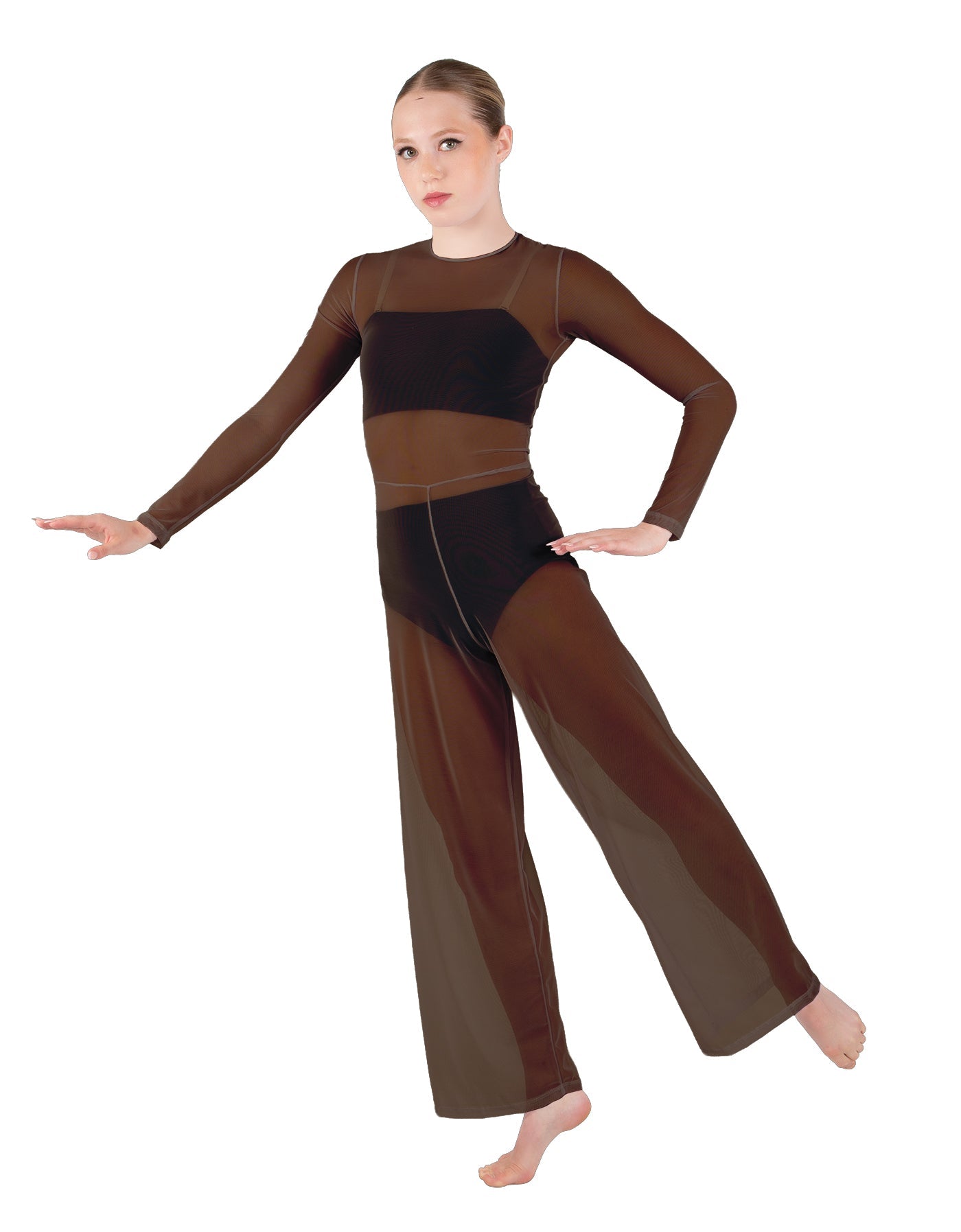 Solid Lycra LS Keyhole Wide Leg Mesh Unitard with Bandeau and Panty