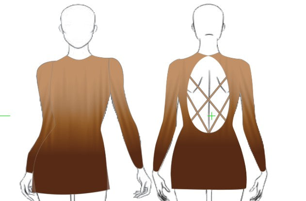 Custom Streaked Brown Ombre LS Round Neck Ruched Glitter Dress with Open Back and Side Slits