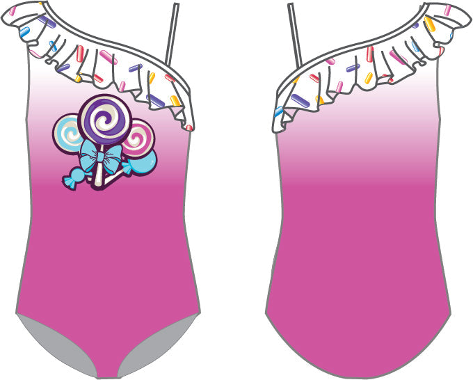 Custom Hologram Lollipop Sprinkles One Shoulder w Ruffle Leotard