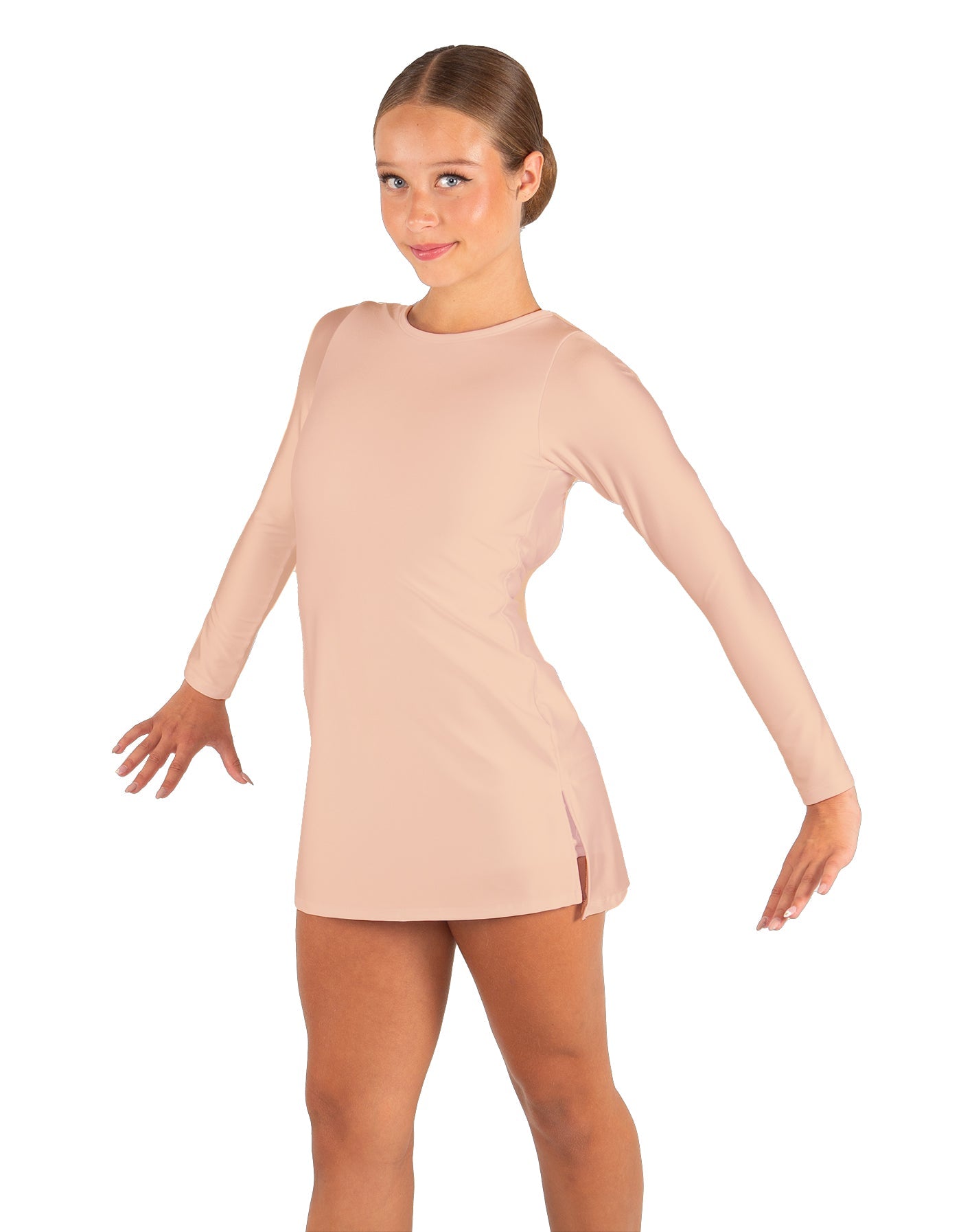 Solid Lycra LS Round Neck Dress with Open Back and Side Slits w/attached shorts