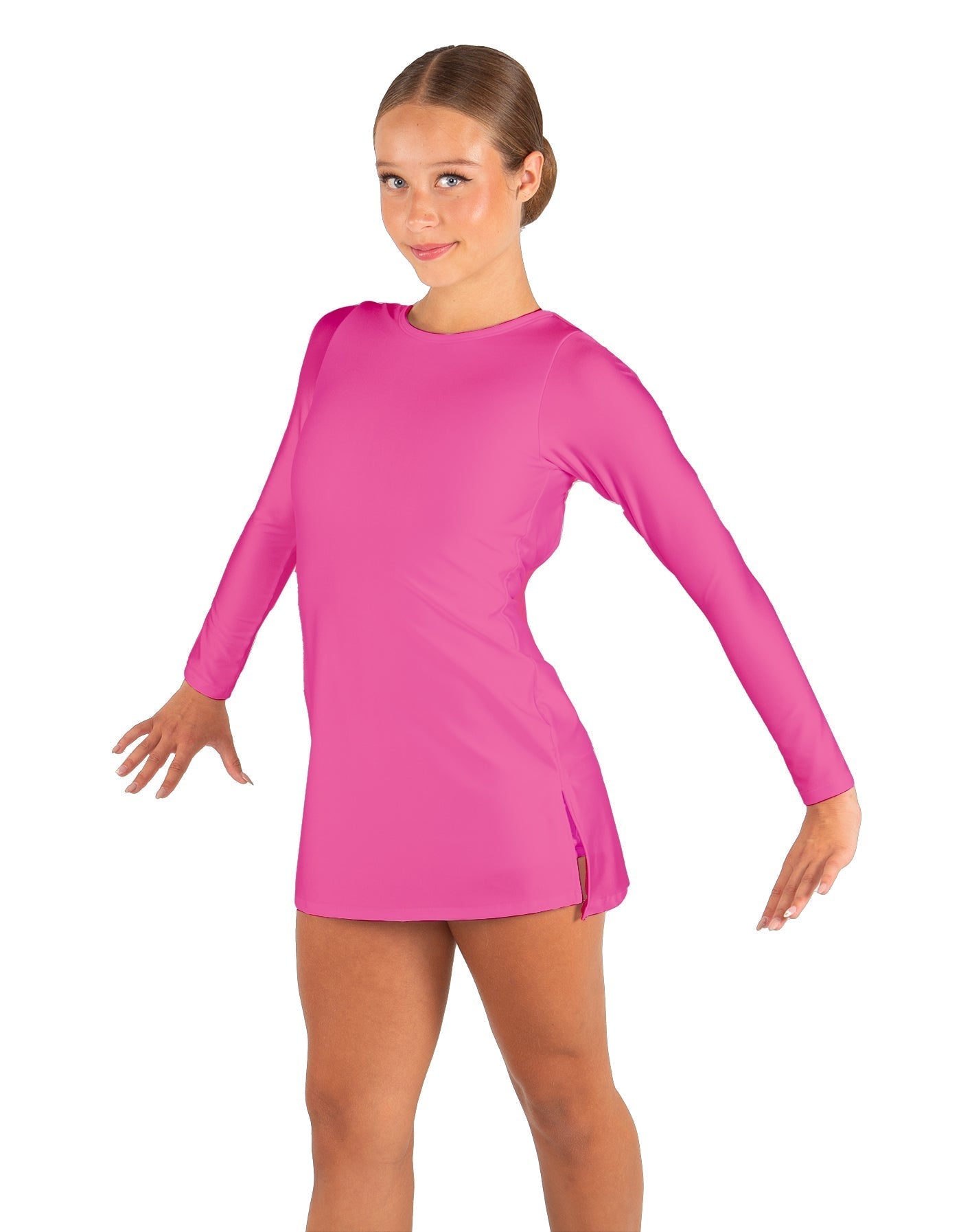 Solid Lycra LS Round Neck Dress with Open Back and Side Slits w/attached shorts
