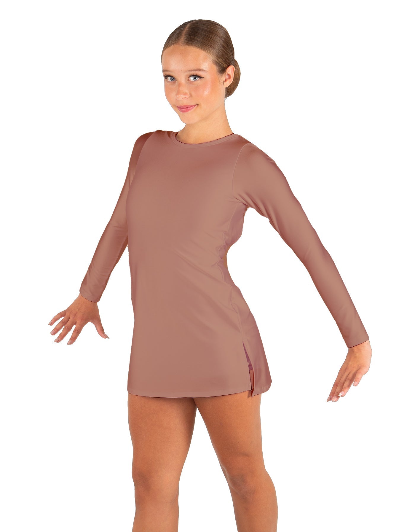 Solid Lycra LS Round Neck Dress with Open Back and Side Slits w/attached shorts