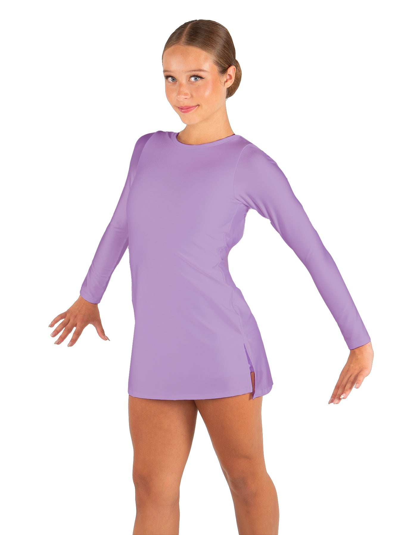 Solid Lycra LS Round Neck Dress with Open Back and Side Slits w/attached shorts