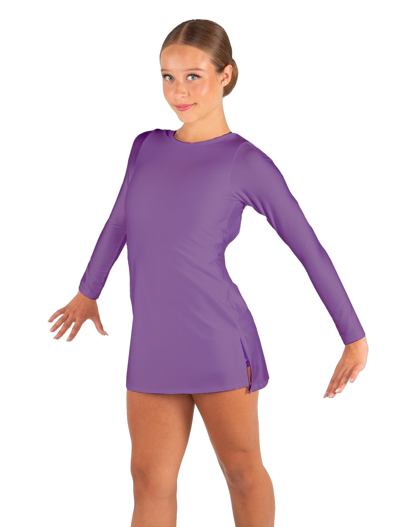 Solid Lycra LS Round Neck Dress with Open Back and Side Slits w/attached shorts