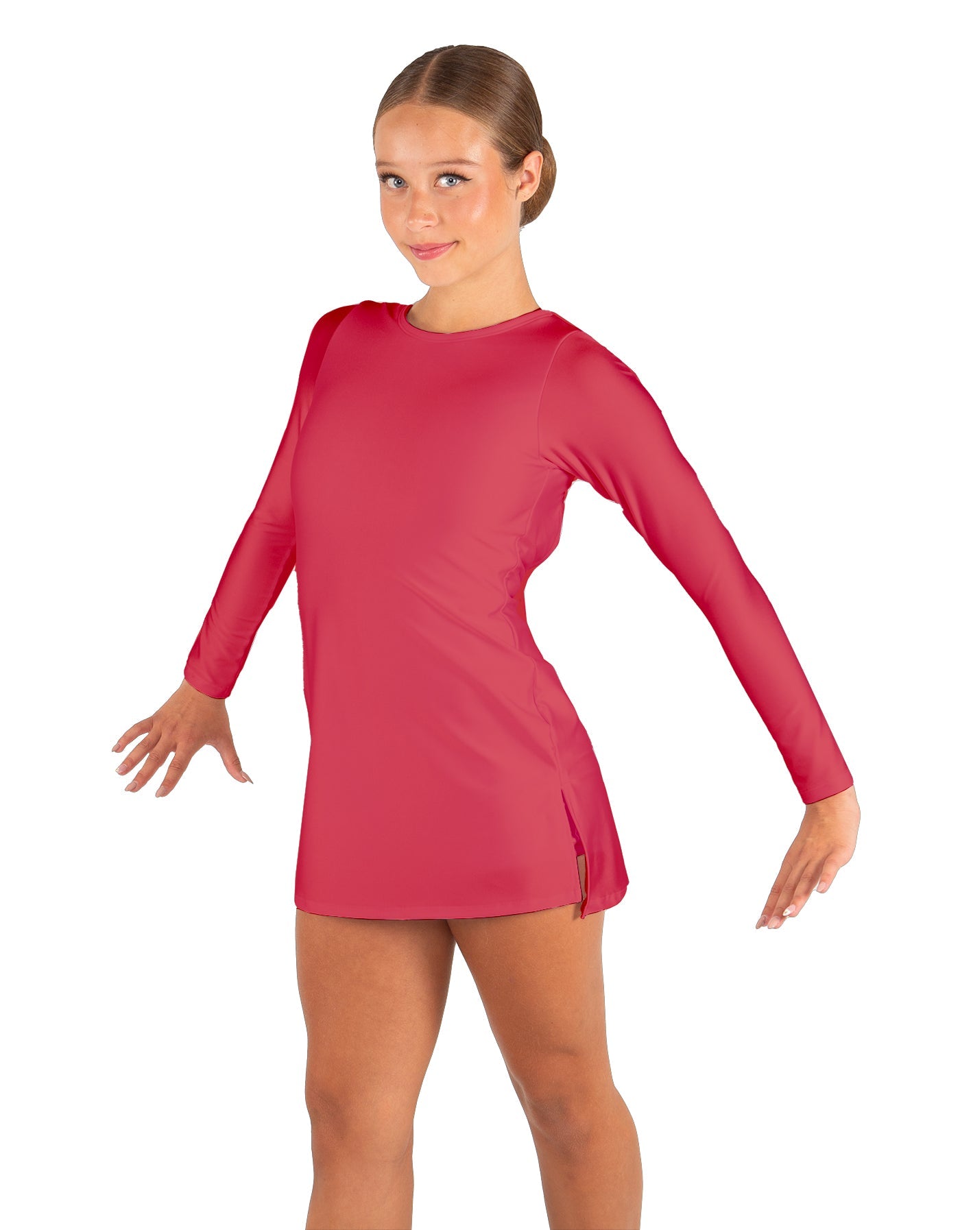 Solid Lycra LS Round Neck Dress with Open Back and Side Slits w/attached shorts