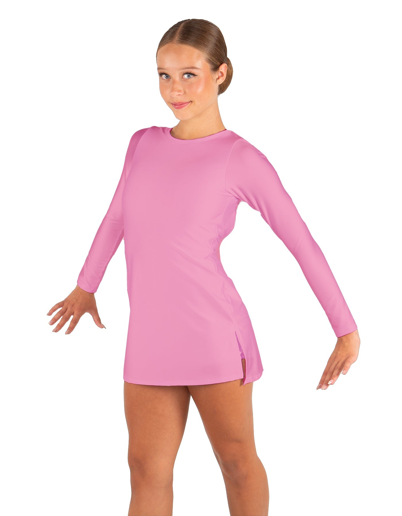 Solid Lycra LS Round Neck Dress with Open Back and Side Slits w/attached shorts
