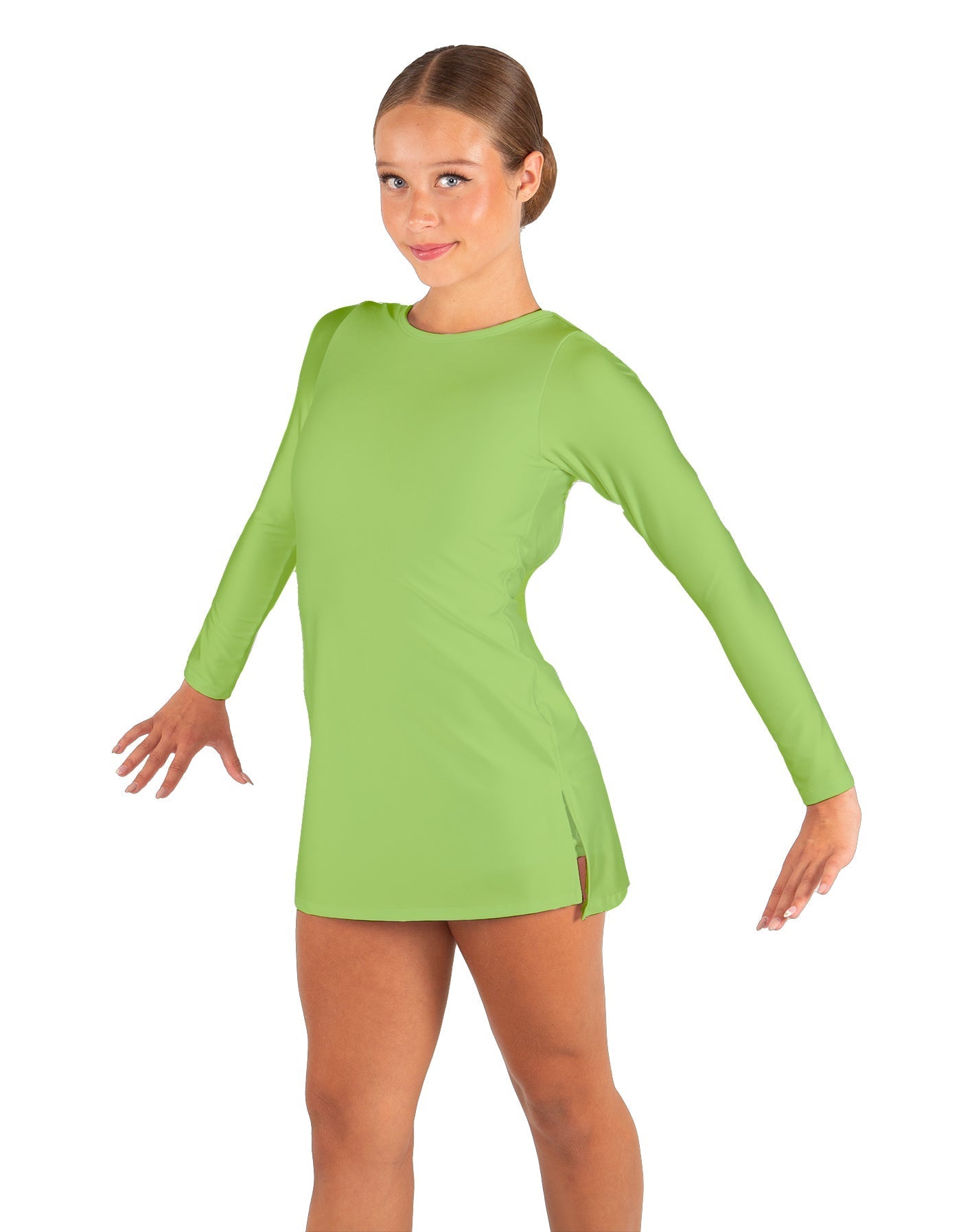 Solid Lycra LS Round Neck Dress with Open Back and Side Slits w/attached shorts