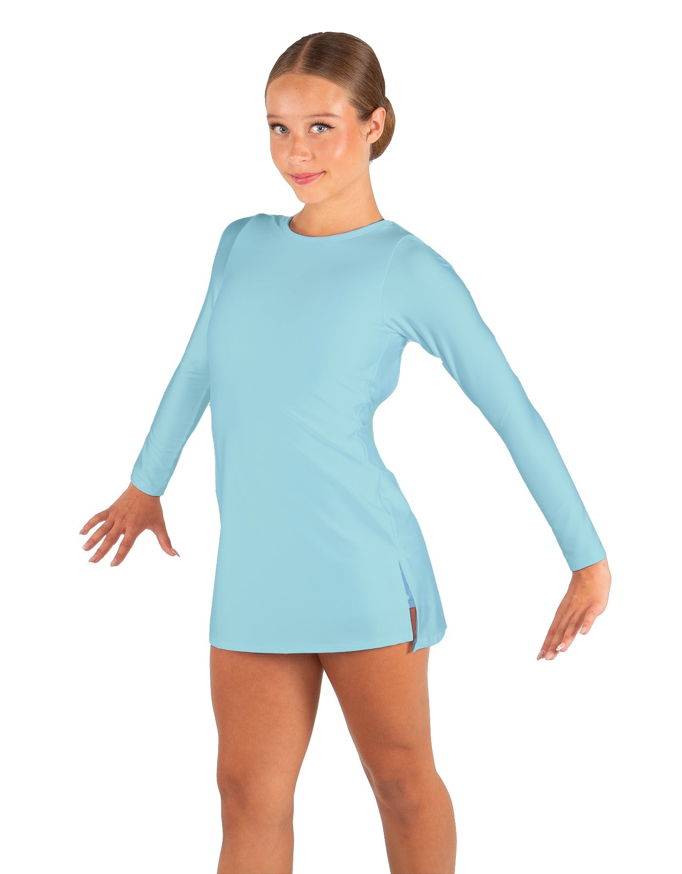 Solid Lycra LS Round Neck Dress with Open Back and Side Slits w/attached shorts