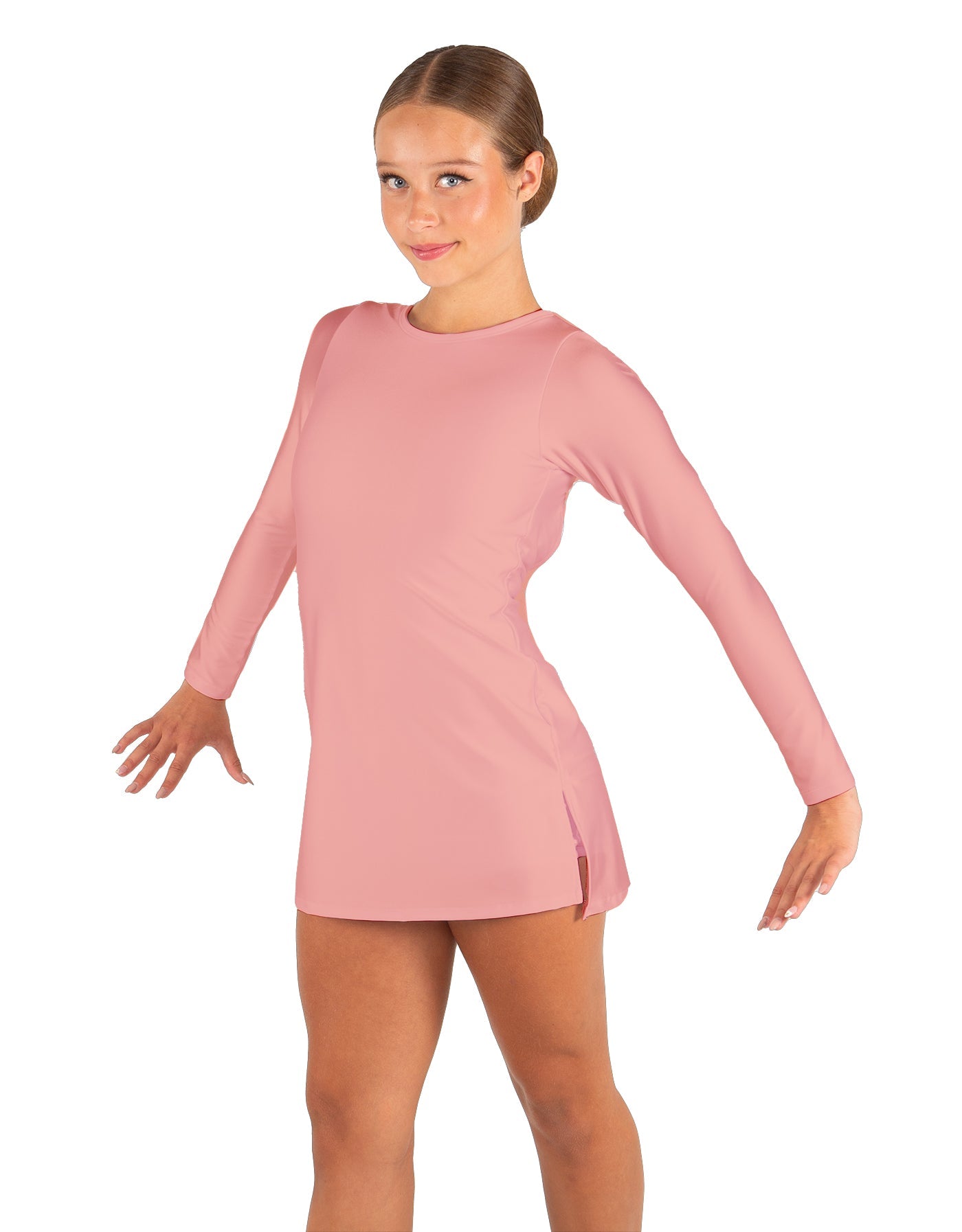 Solid Lycra LS Round Neck Dress with Open Back and Side Slits w/attached shorts