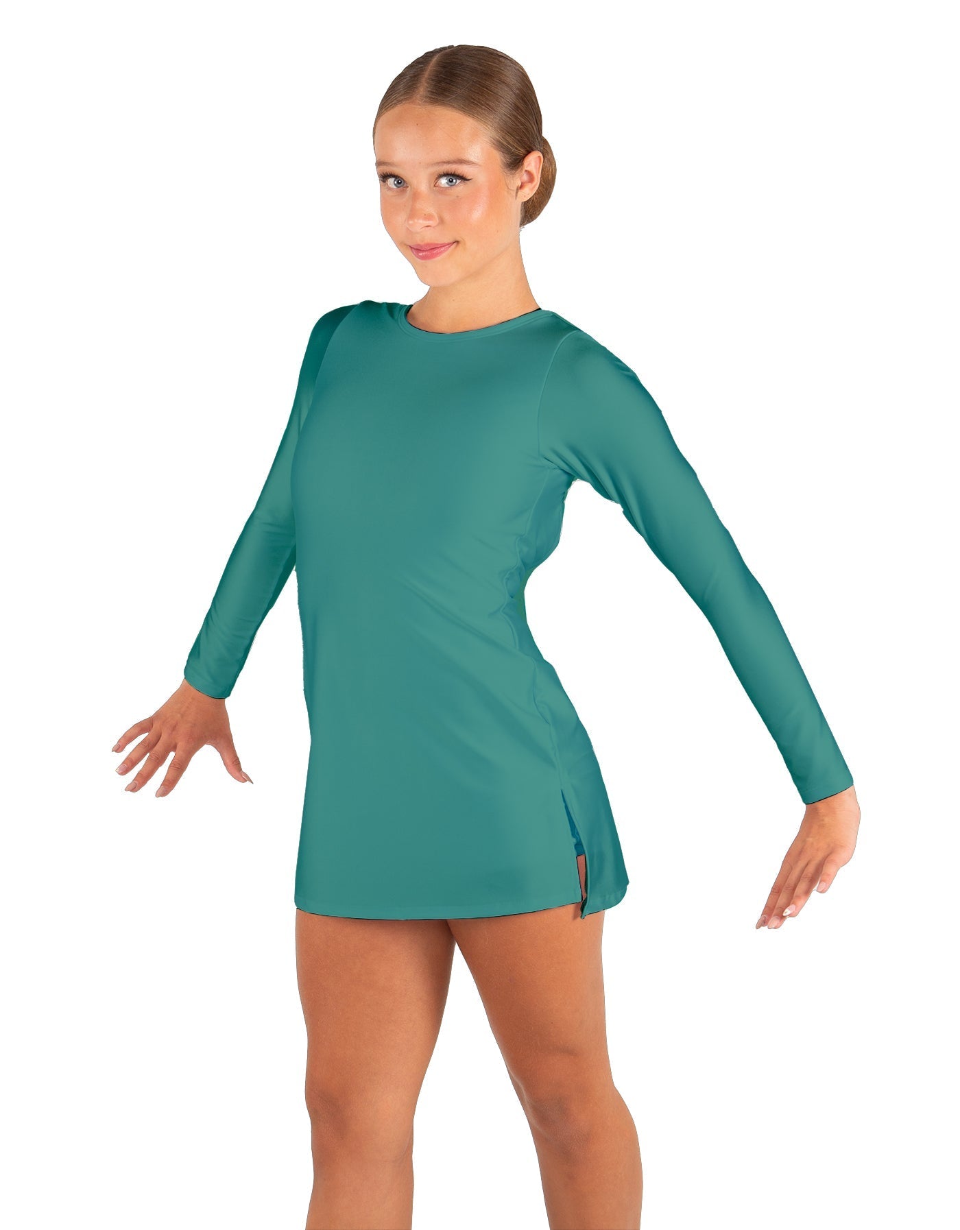 Solid Lycra LS Round Neck Dress with Open Back and Side Slits w/attached shorts