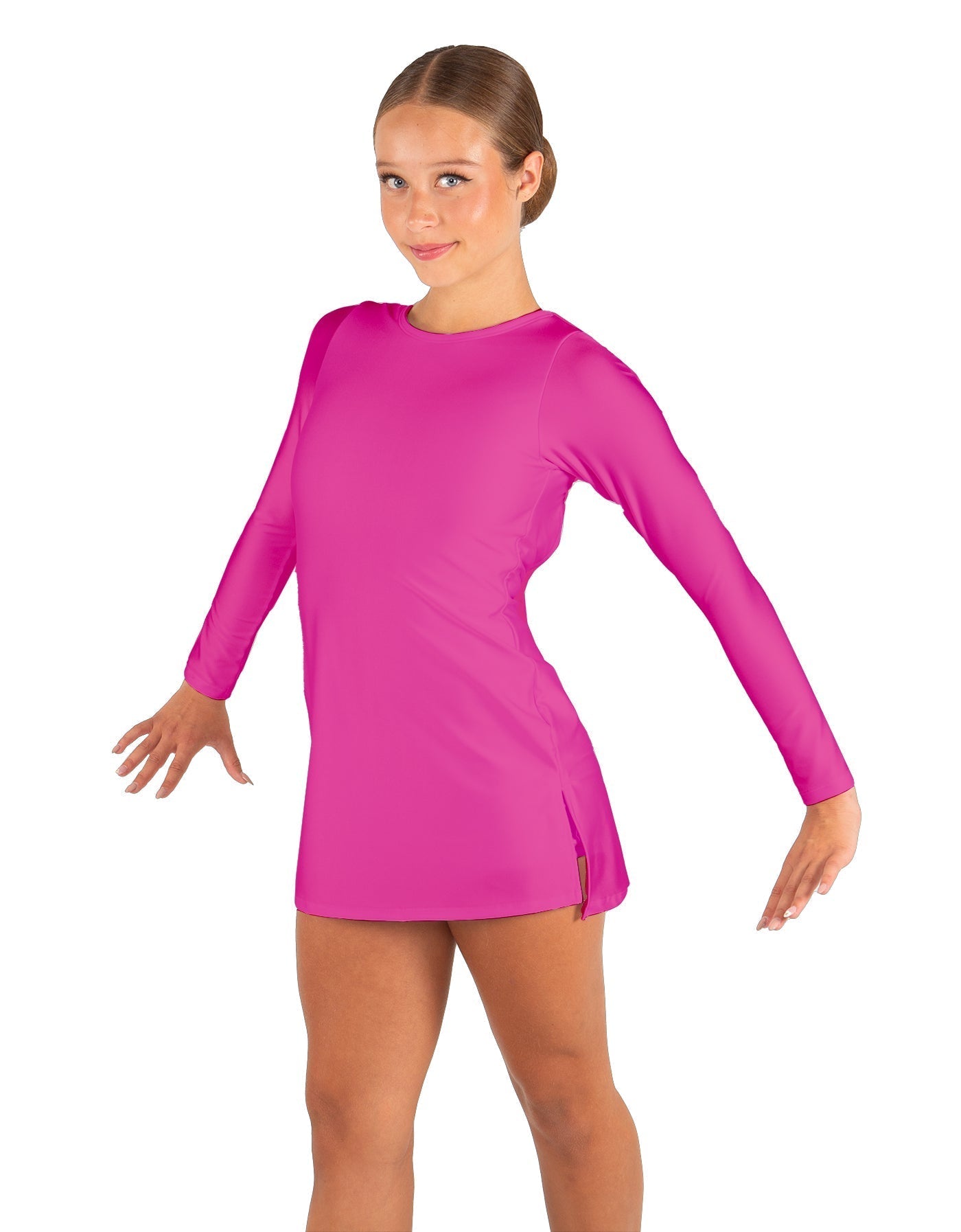 Solid Lycra LS Round Neck Dress with Open Back and Side Slits w/attached shorts
