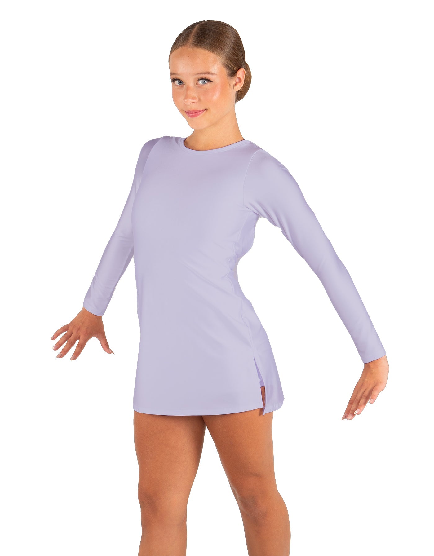 Solid Lycra LS Round Neck Dress with Open Back and Side Slits w/attached shorts