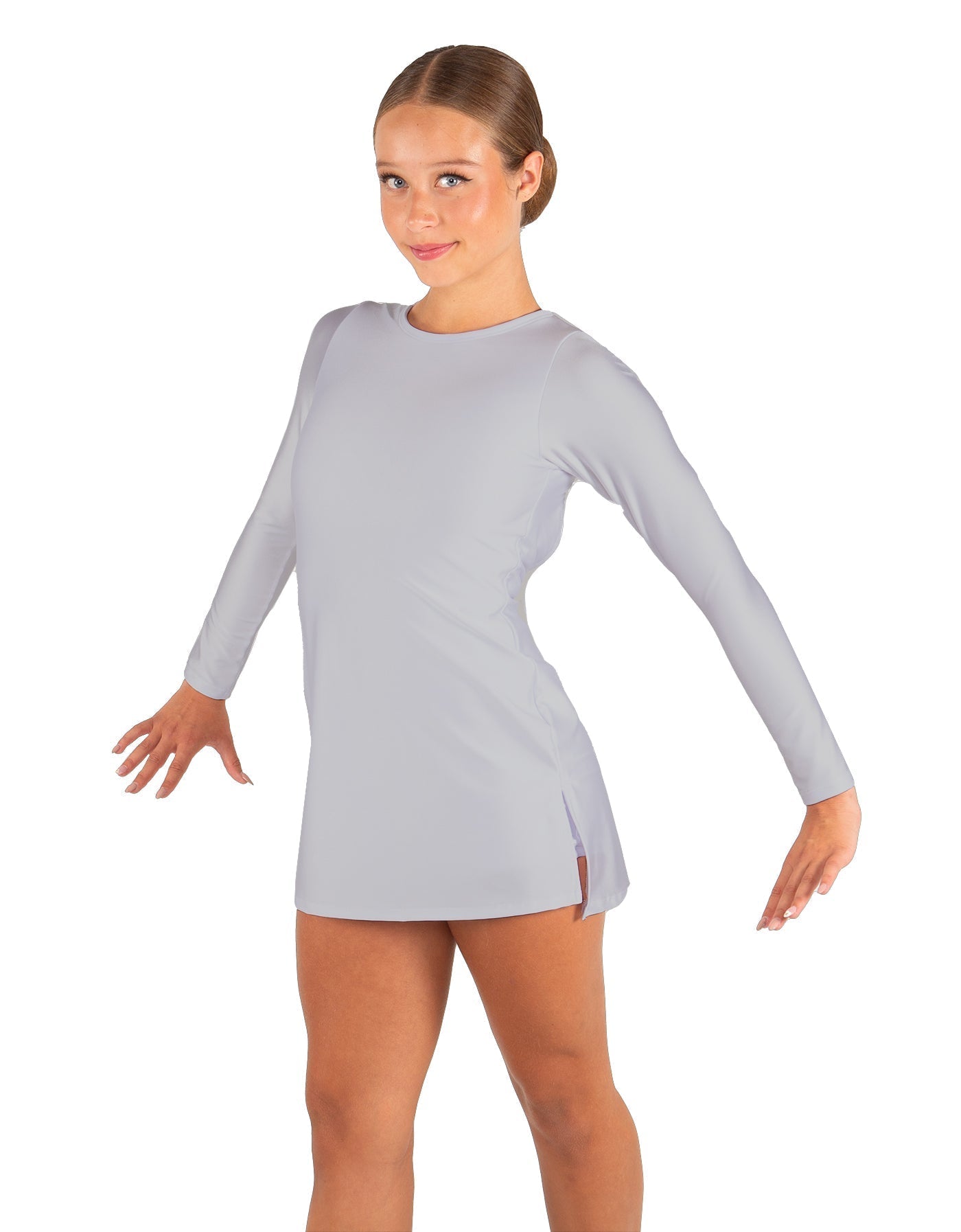 Solid Lycra LS Round Neck Dress with Open Back and Side Slits w/attached shorts