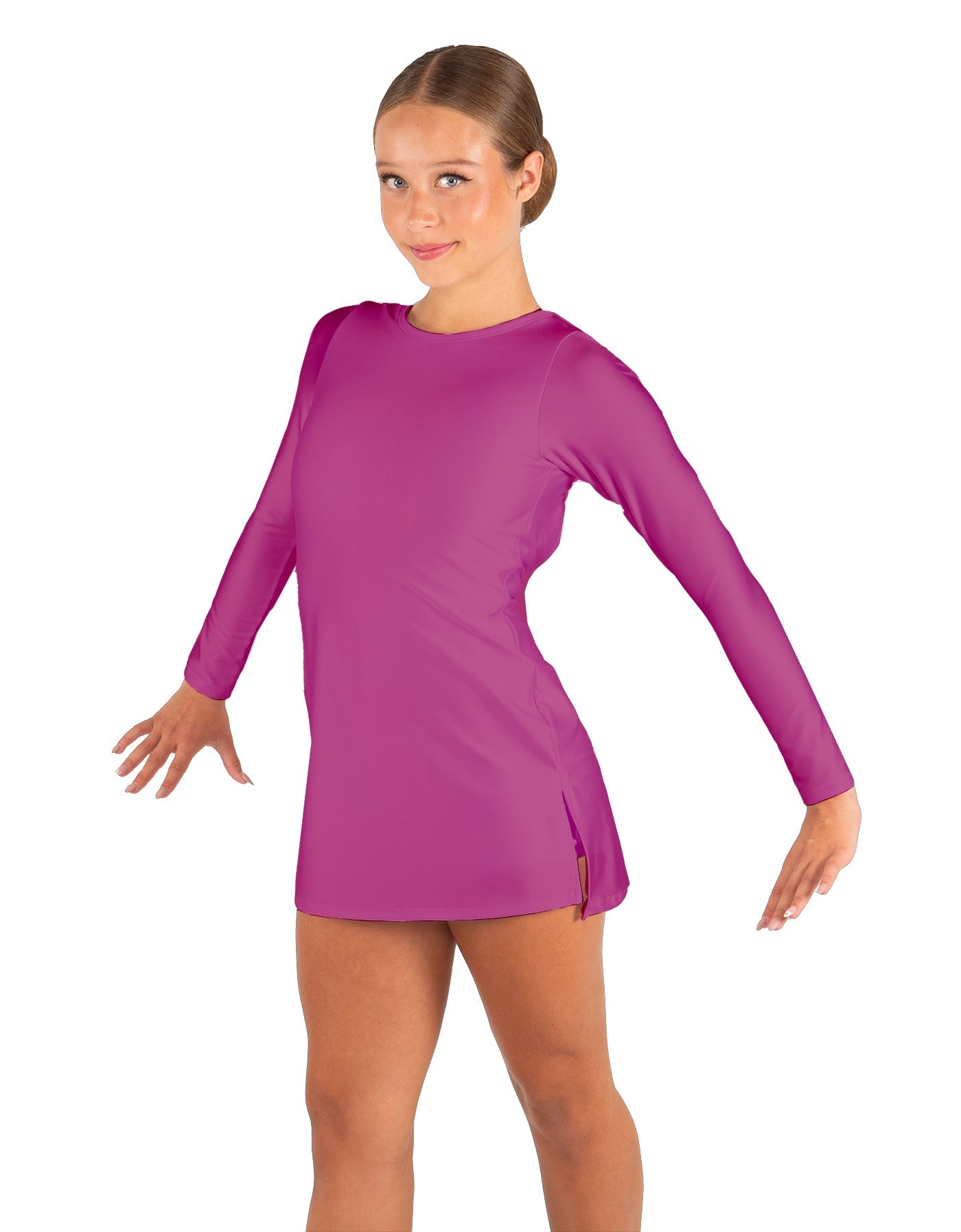 Solid Lycra LS Round Neck Dress with Open Back and Side Slits w/attached shorts