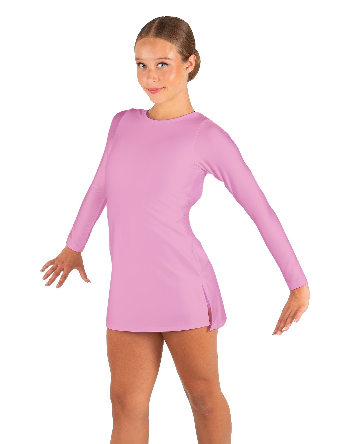 Solid Lycra LS Round Neck Dress with Open Back and Side Slits w/attached shorts