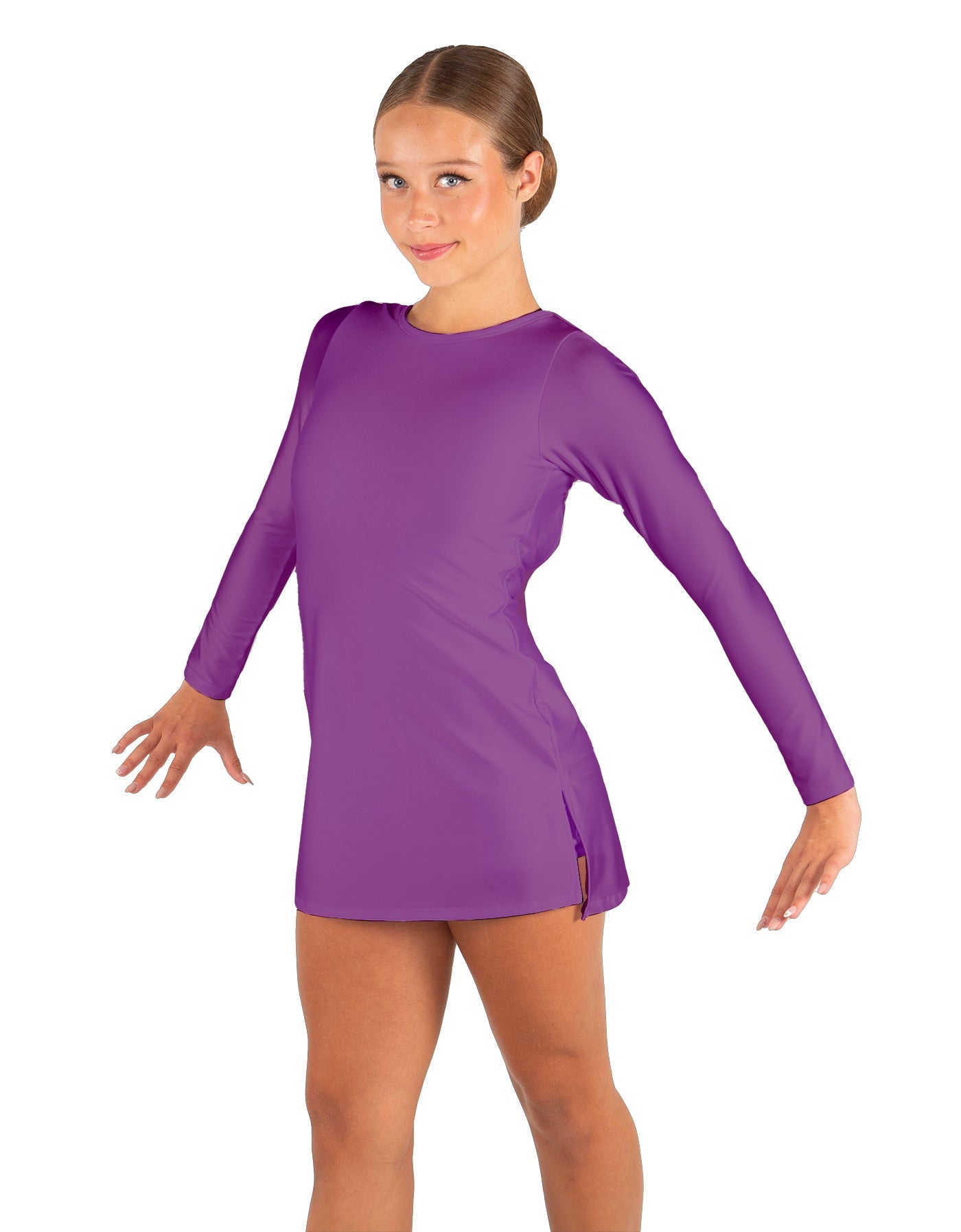 Solid Lycra LS Round Neck Dress with Open Back and Side Slits w/attached shorts
