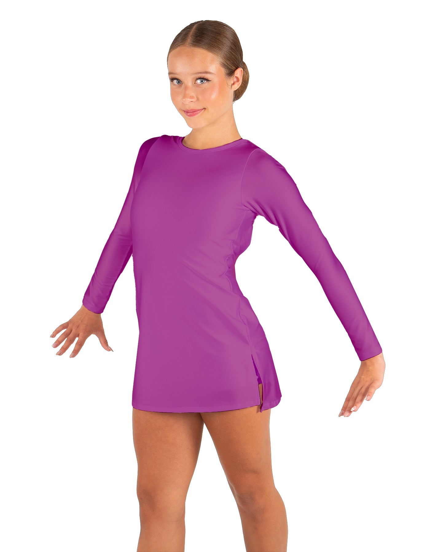 Solid Lycra LS Round Neck Dress with Open Back and Side Slits w/attached shorts