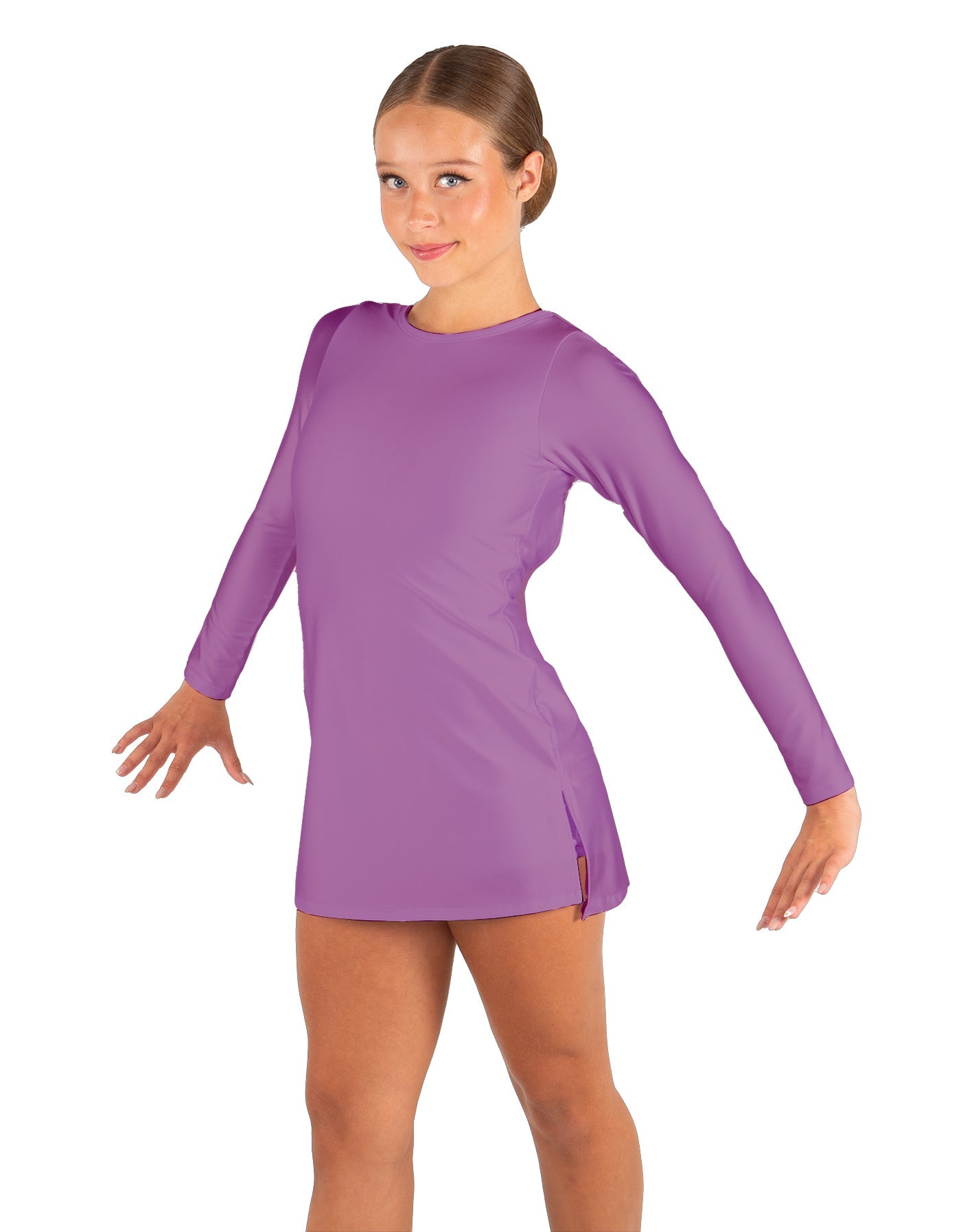 Solid Lycra LS Round Neck Dress with Open Back and Side Slits w/attached shorts