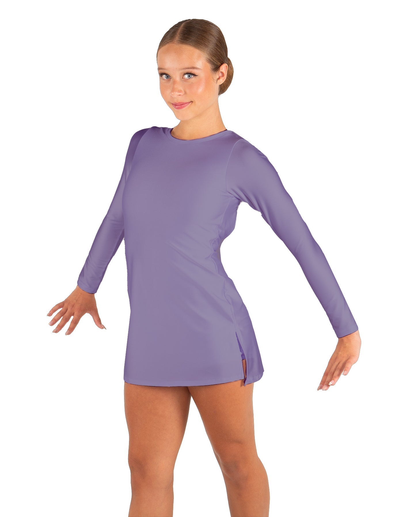 Solid Lycra LS Round Neck Dress with Open Back and Side Slits w/attached shorts