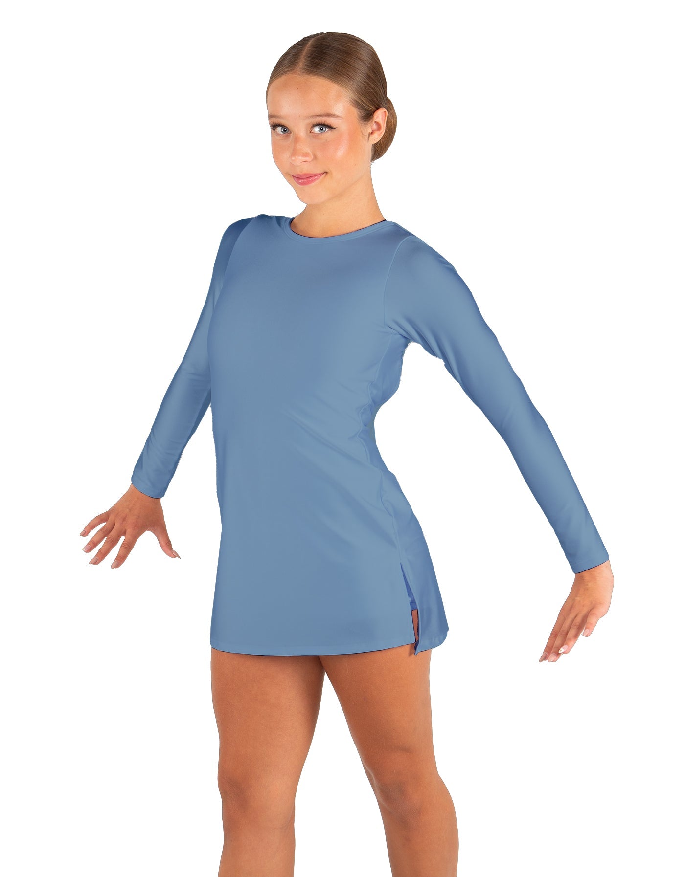 Solid Lycra LS Round Neck Dress with Open Back and Side Slits w/attached shorts