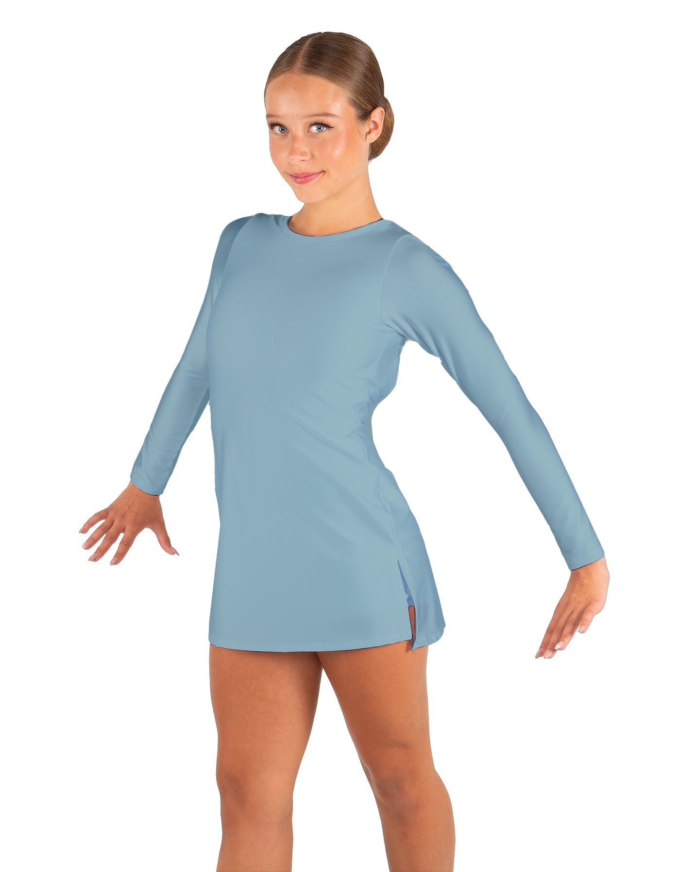 Solid Lycra LS Round Neck Dress with Open Back and Side Slits w/attached shorts