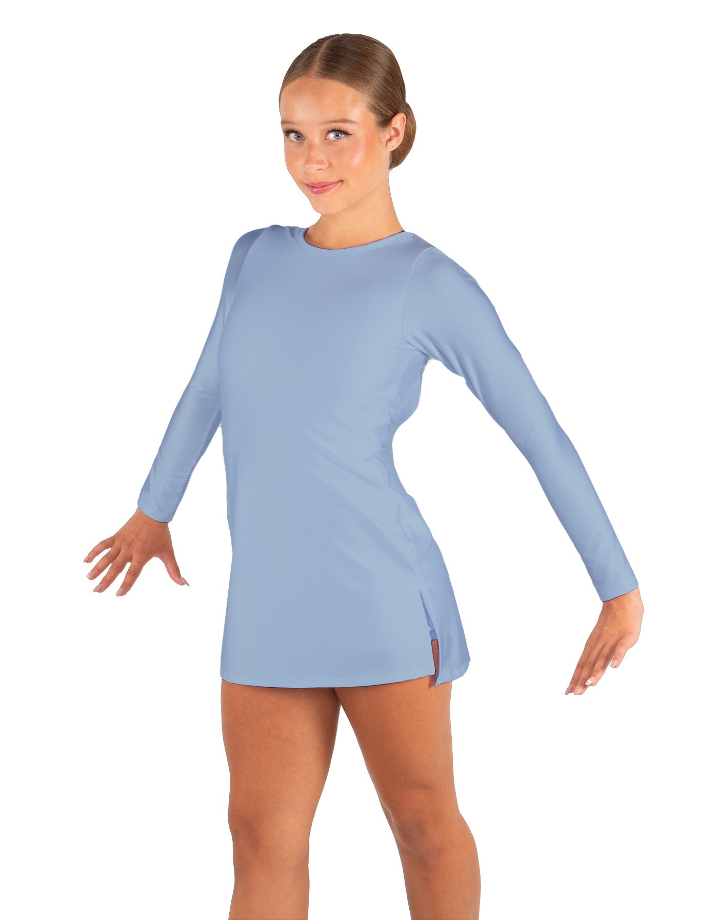Solid Lycra LS Round Neck Dress with Open Back and Side Slits w/attached shorts