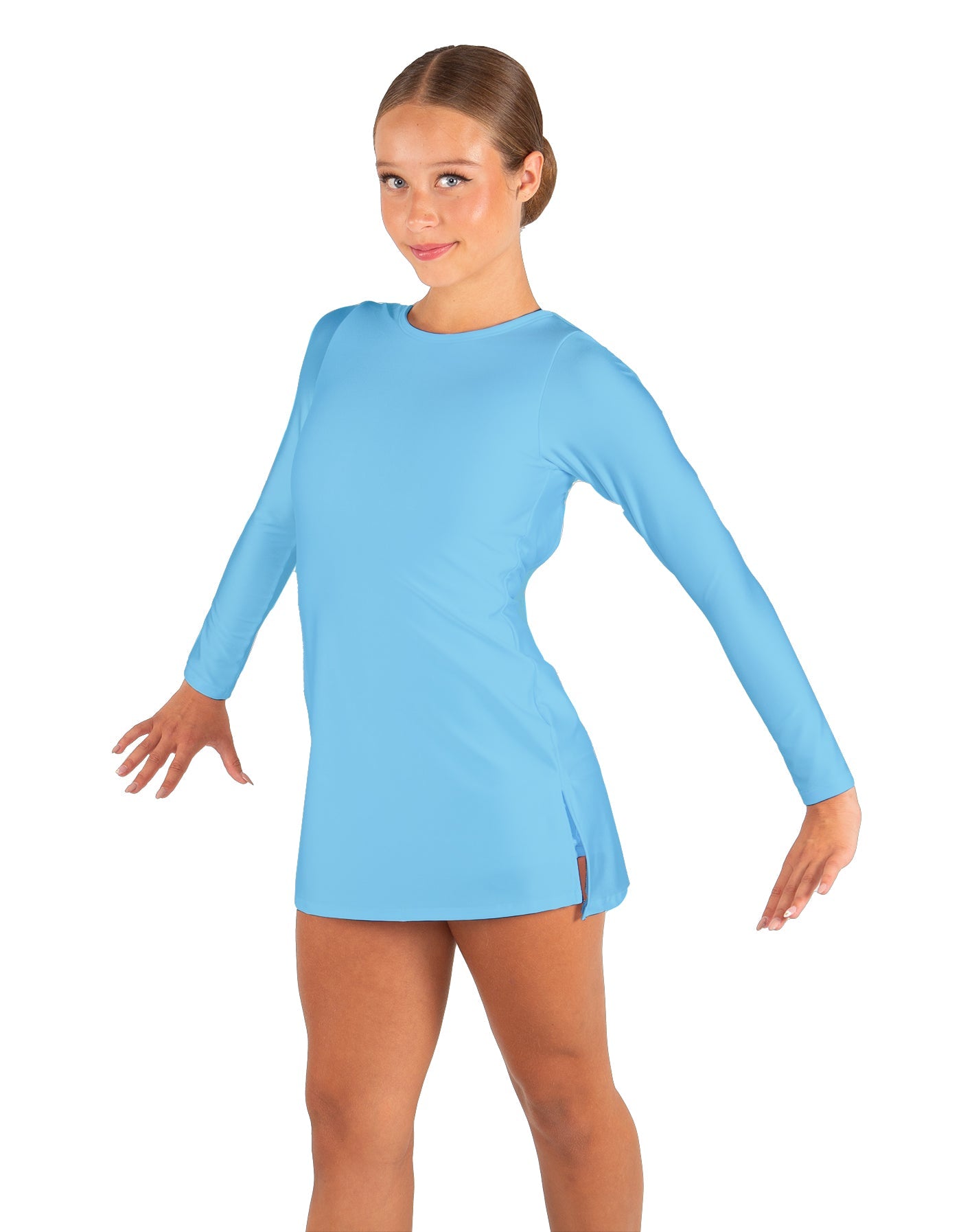 Solid Lycra LS Round Neck Dress with Open Back and Side Slits w/attached shorts
