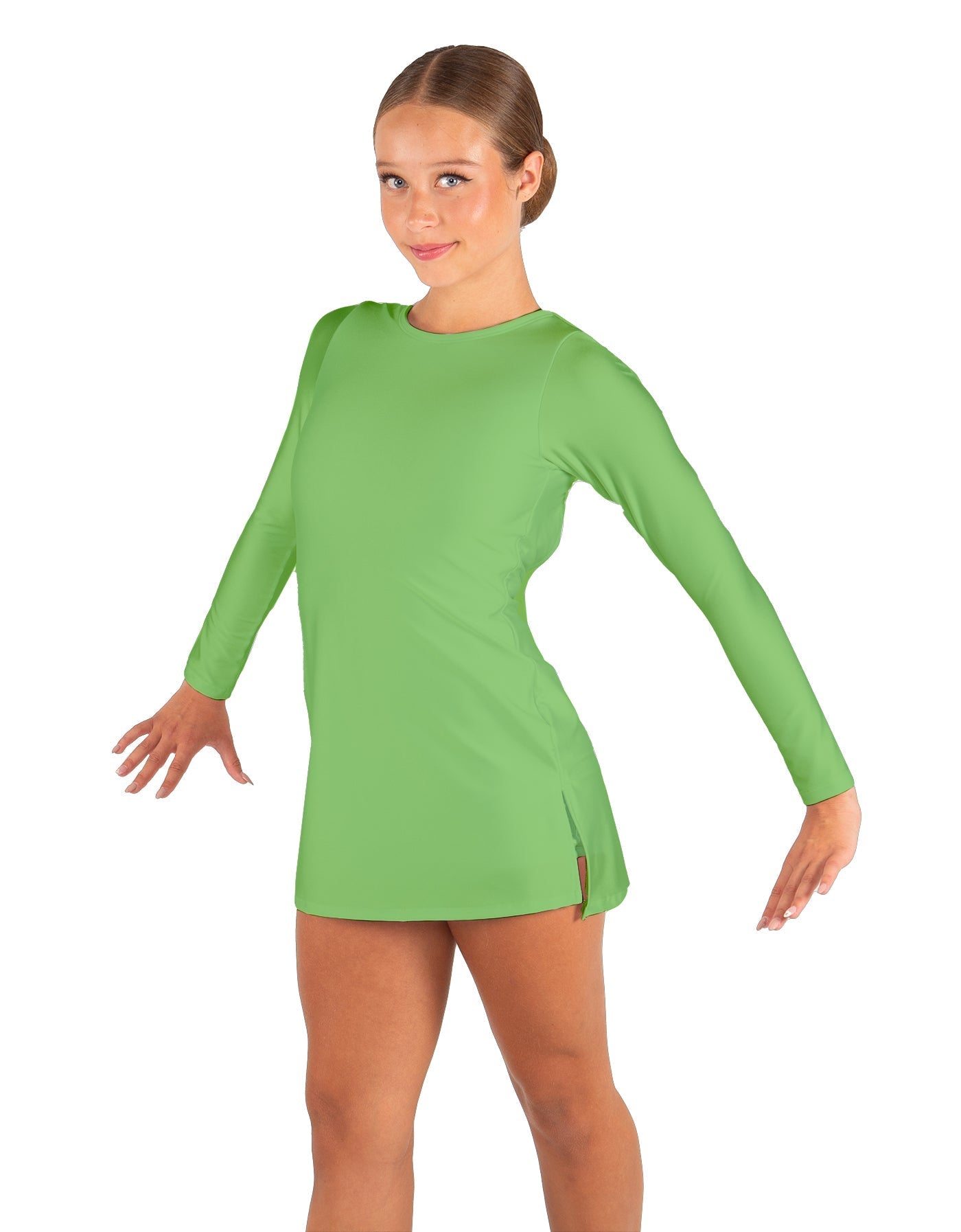 Solid Lycra LS Round Neck Dress with Open Back and Side Slits w/attached shorts