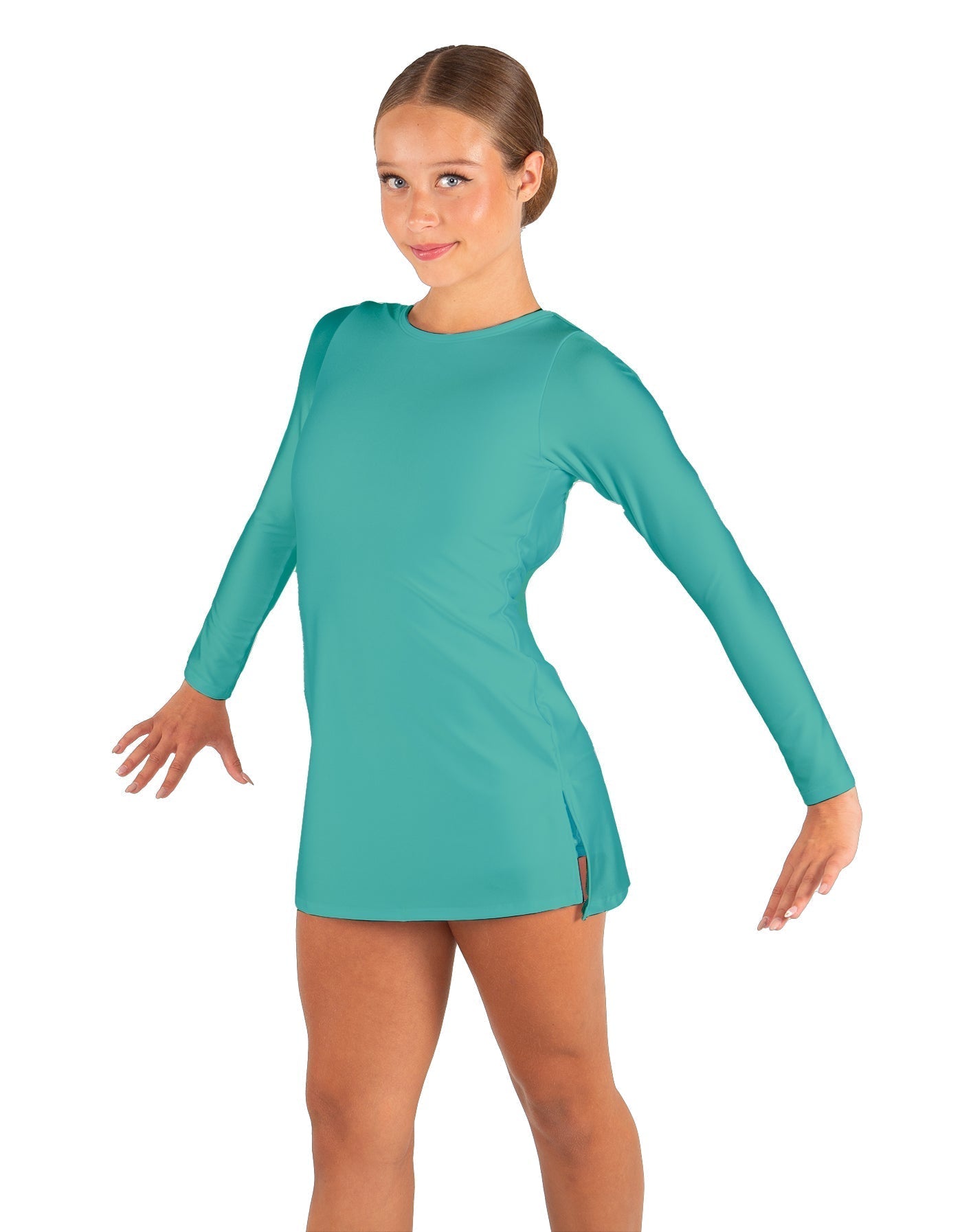 Solid Lycra LS Round Neck Dress with Open Back and Side Slits w/attached shorts