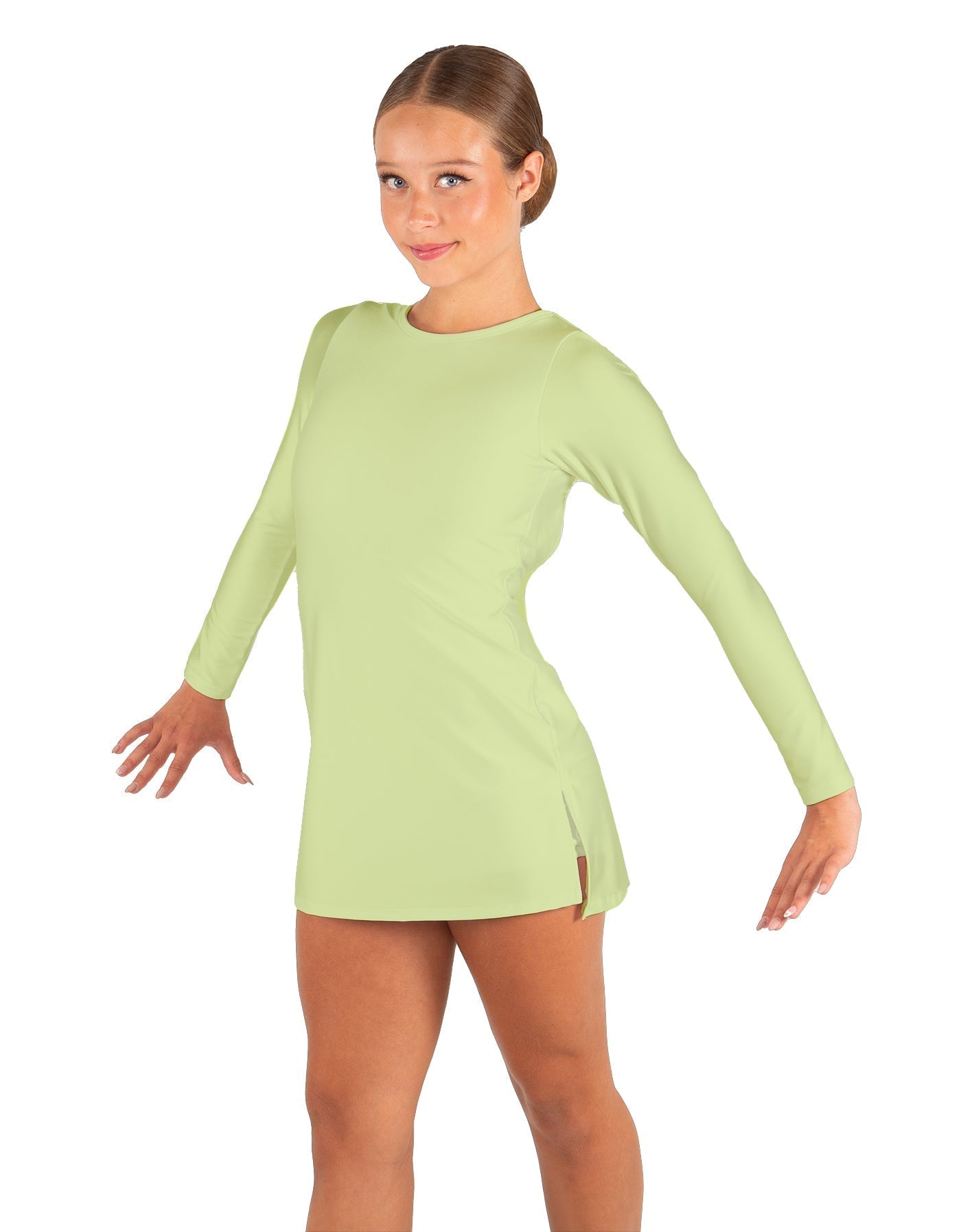 Solid Lycra LS Round Neck Dress with Open Back and Side Slits w/attached shorts