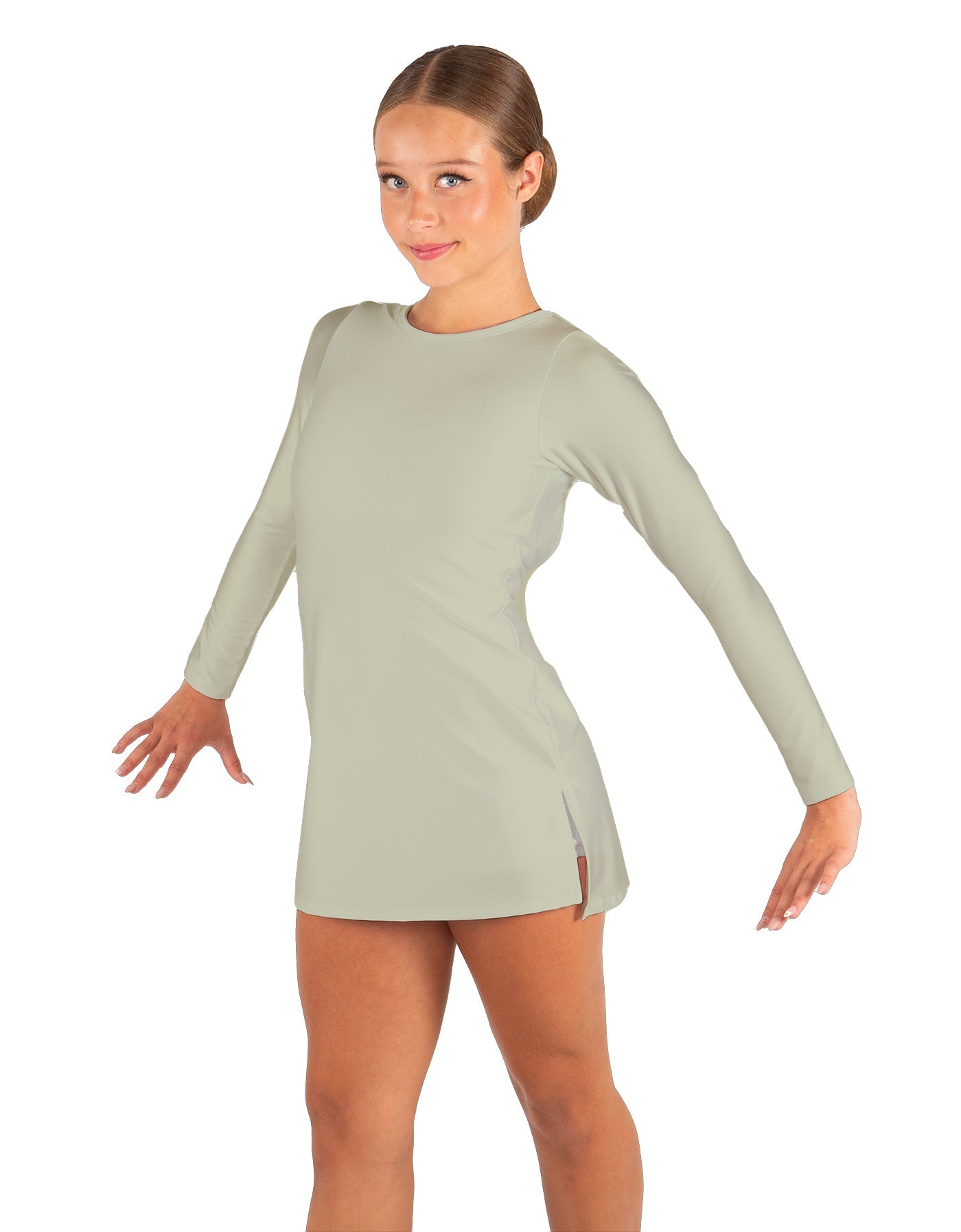 Solid Lycra LS Round Neck Dress with Open Back and Side Slits w/attached shorts