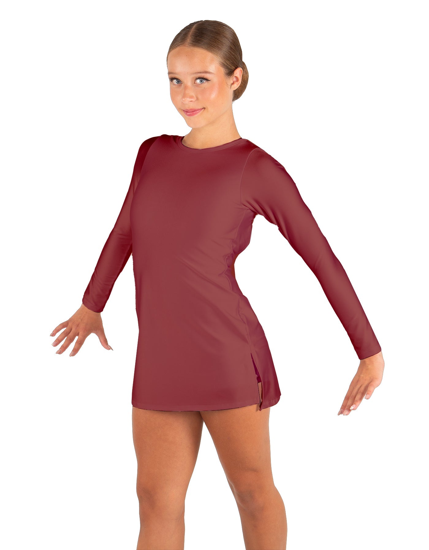 Solid Lycra LS Round Neck Dress with Open Back and Side Slits w/attached shorts