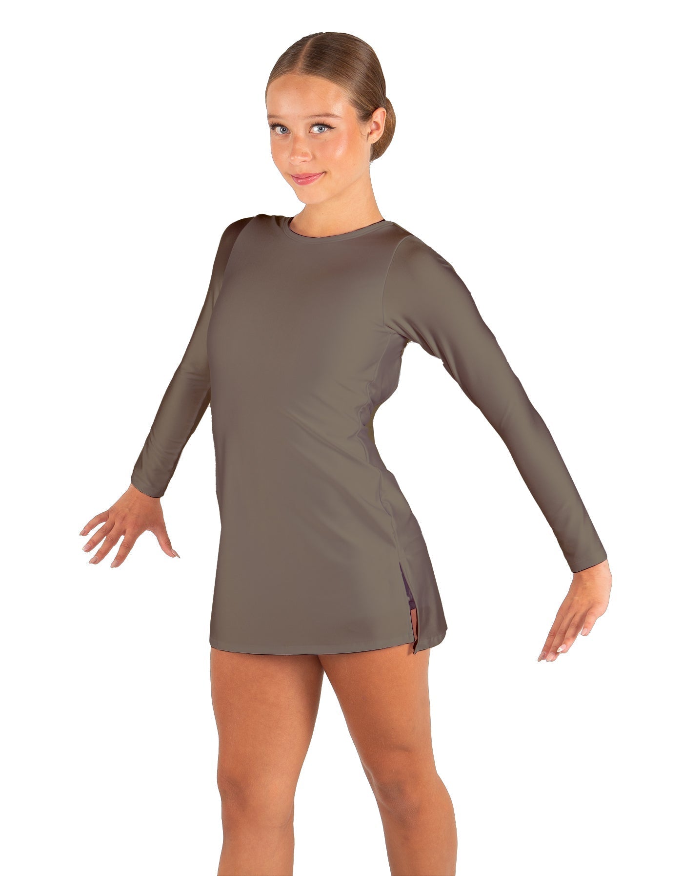 Solid Lycra LS Round Neck Dress with Open Back and Side Slits w/attached shorts