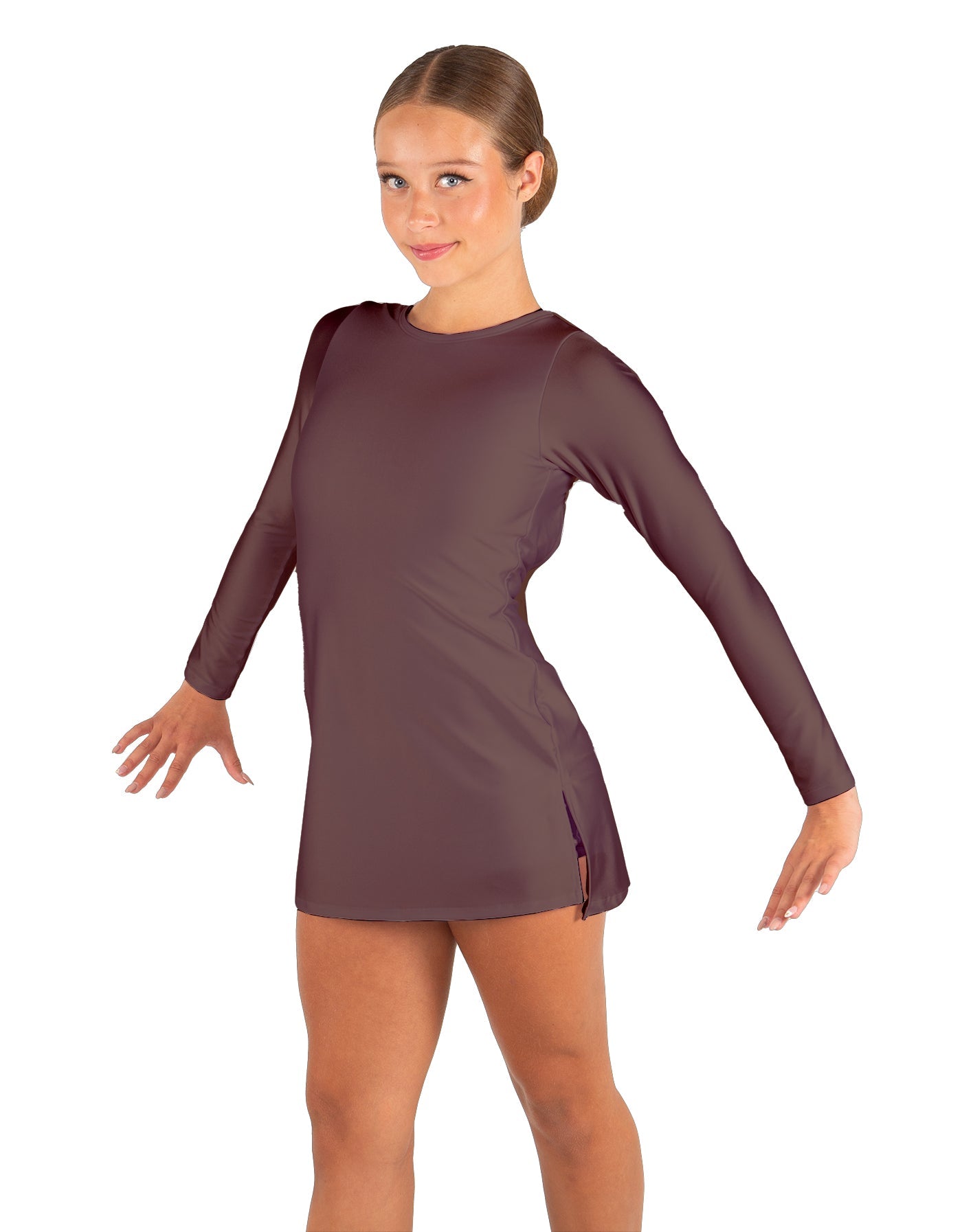 Solid Lycra LS Round Neck Dress with Open Back and Side Slits w/attached shorts
