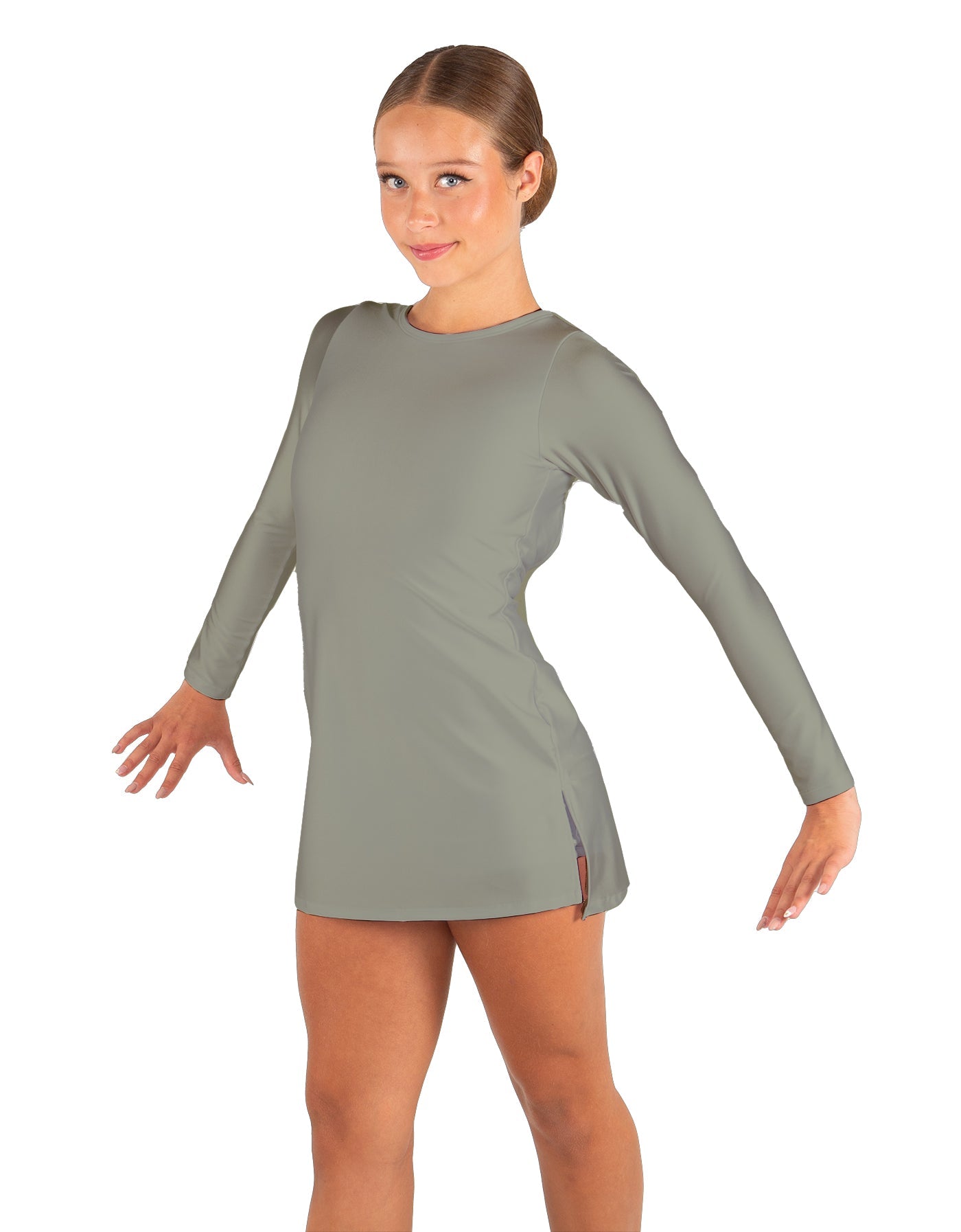 Solid Lycra LS Round Neck Dress with Open Back and Side Slits w/attached shorts