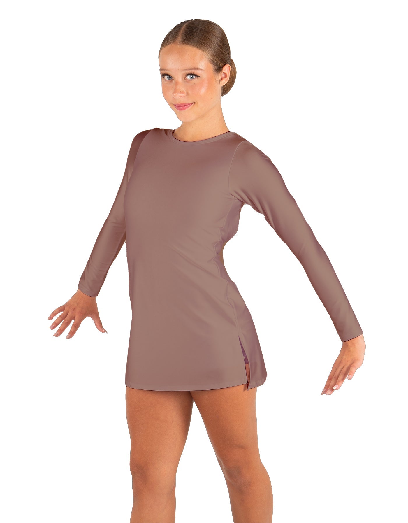 Solid Lycra LS Round Neck Dress with Open Back and Side Slits w/attached shorts