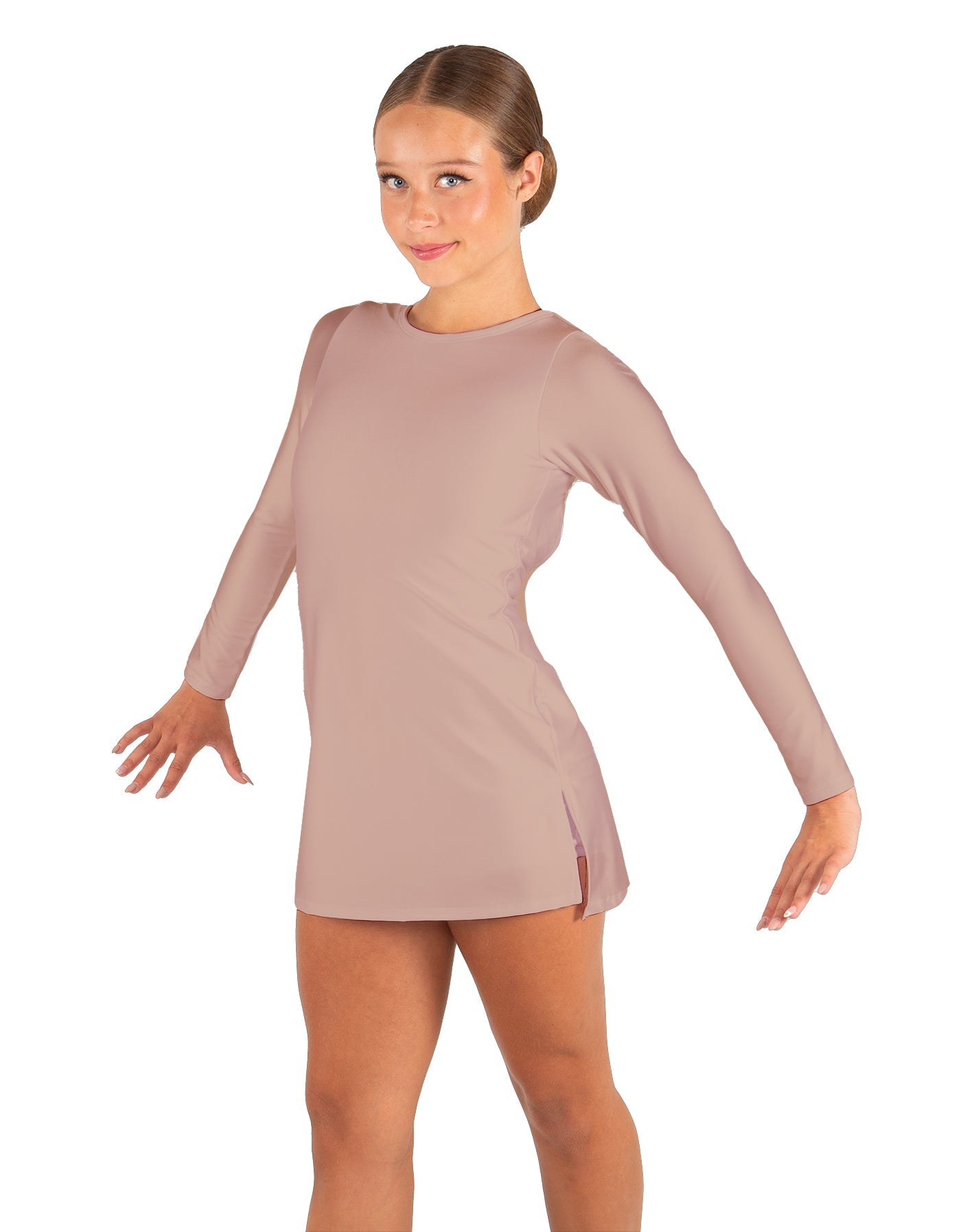 Solid Lycra LS Round Neck Dress with Open Back and Side Slits w/attached shorts