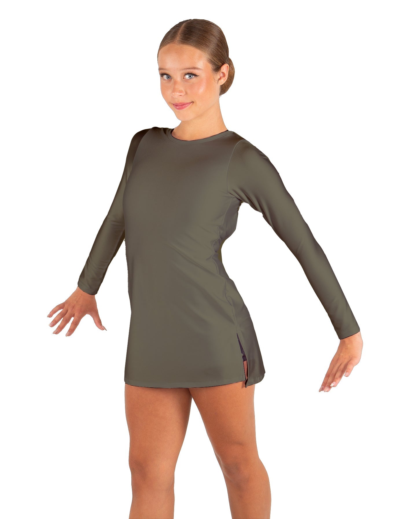 Solid Lycra LS Round Neck Dress with Open Back and Side Slits w/attached shorts