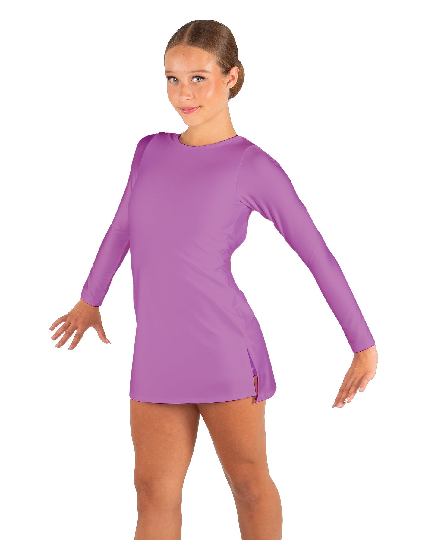 Solid Lycra LS Round Neck Dress with Open Back and Side Slits w/attached shorts